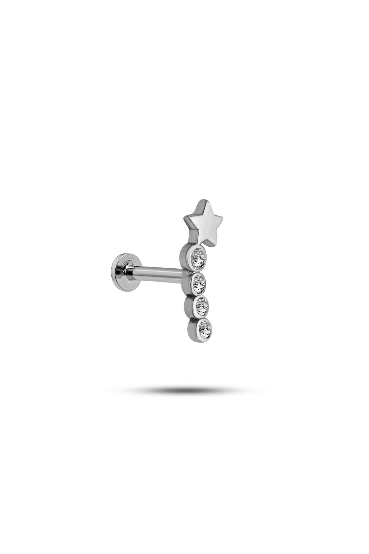 925 Ayar Gümüş Rodyumlu Minimal Kayan Yıldız Dört Taşlı Tragus Piercing Küpe