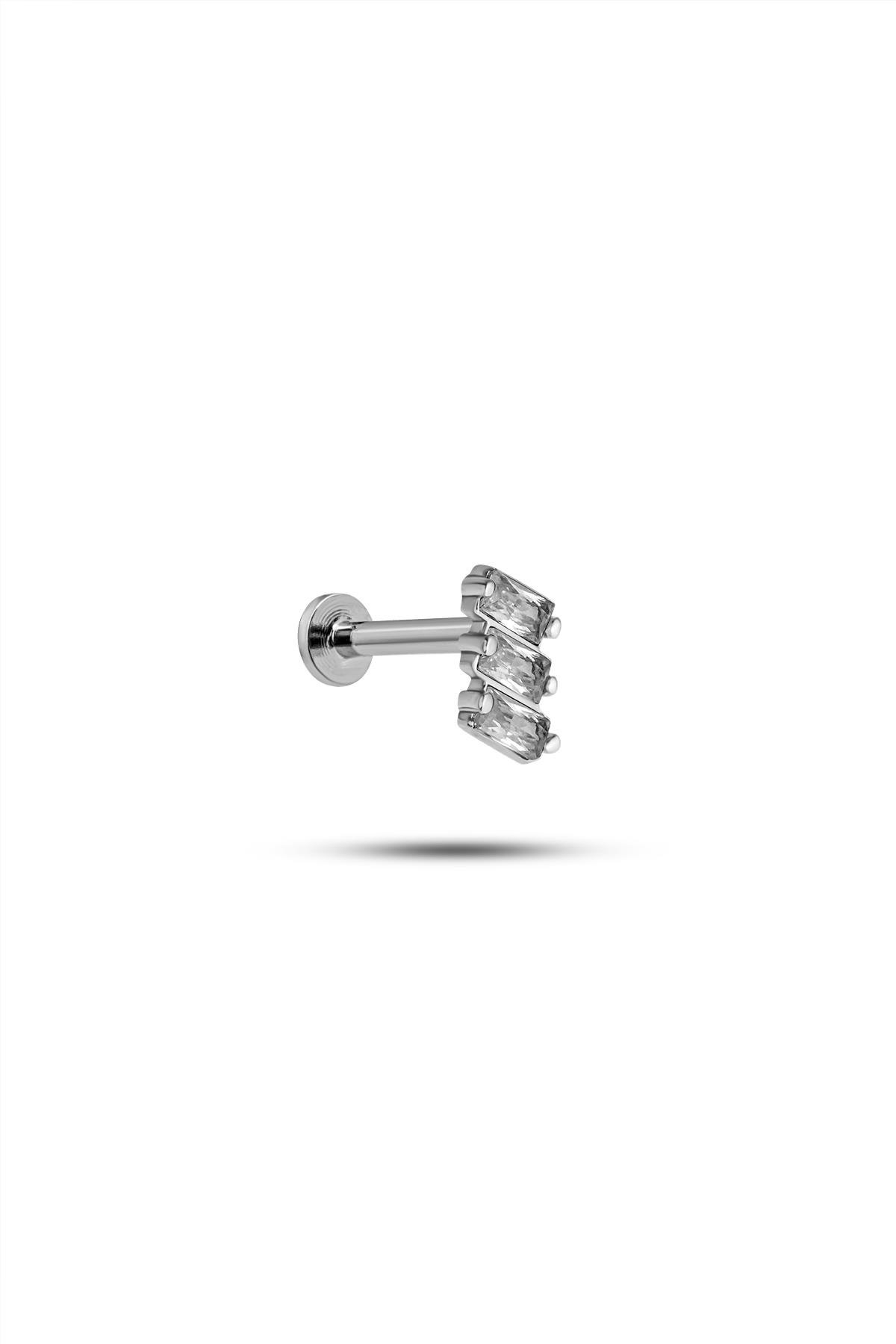 925 Ayar Gümüş Rodyumlu Minimal Sıralı Baget Zirkon Taşlı Tragus Piercing Küpe