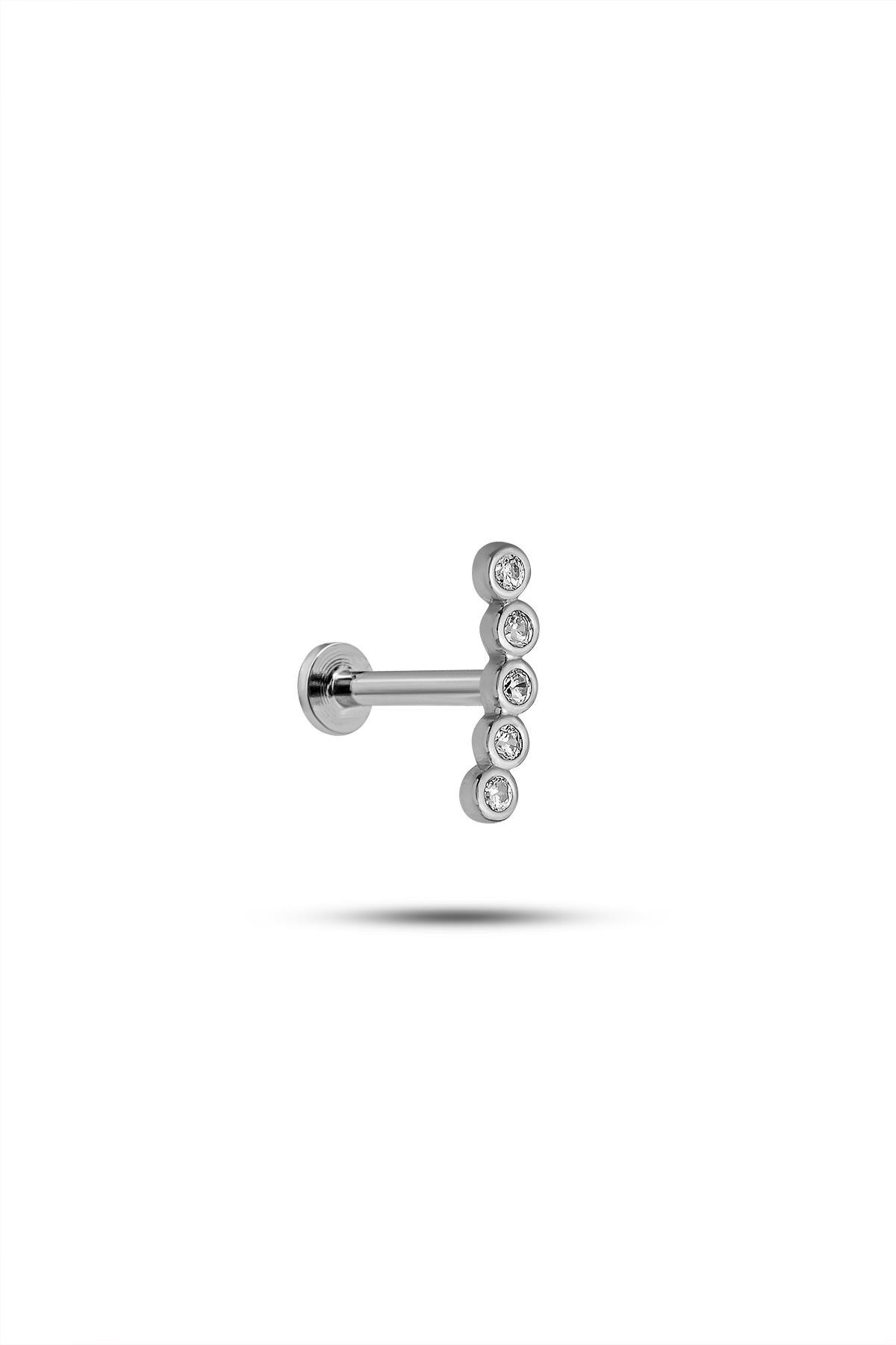 925 Ayar Gümüş Rodyumlu Minimal Sıralı Beş Zirkon Taşlı Tragus Piercing Küpe