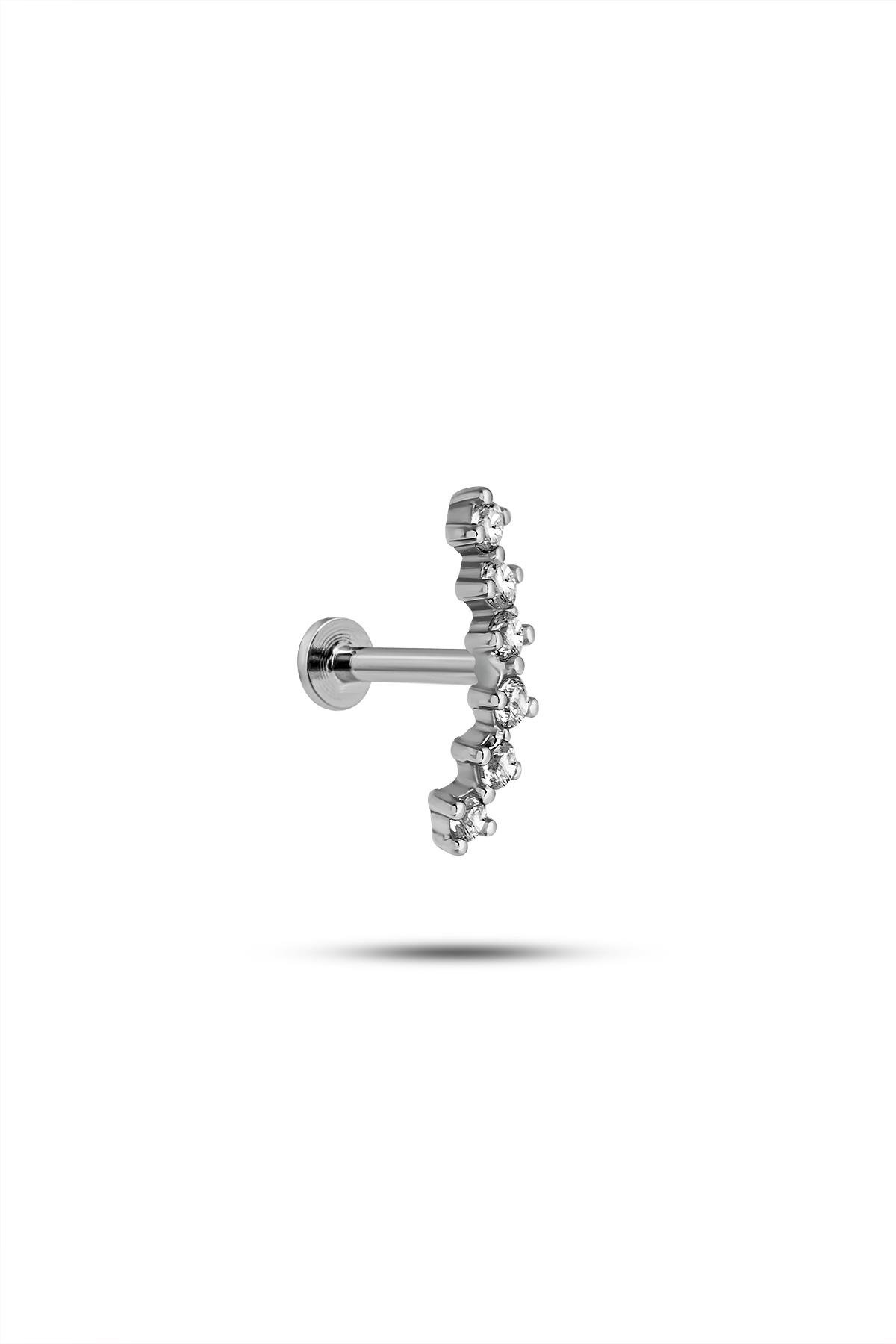 925 Ayar Gümüş Rodyumlu Minimal Sıralı Altı Zirkon Taşlı Tragus Piercing Küpe