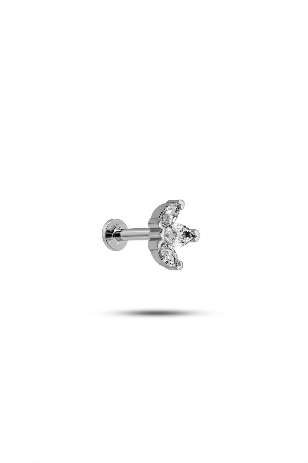 925 Ayar Gümüş Rodyumlu Minimal Üç Mekik Taşlı Lotus Tragus Piercing Küpe