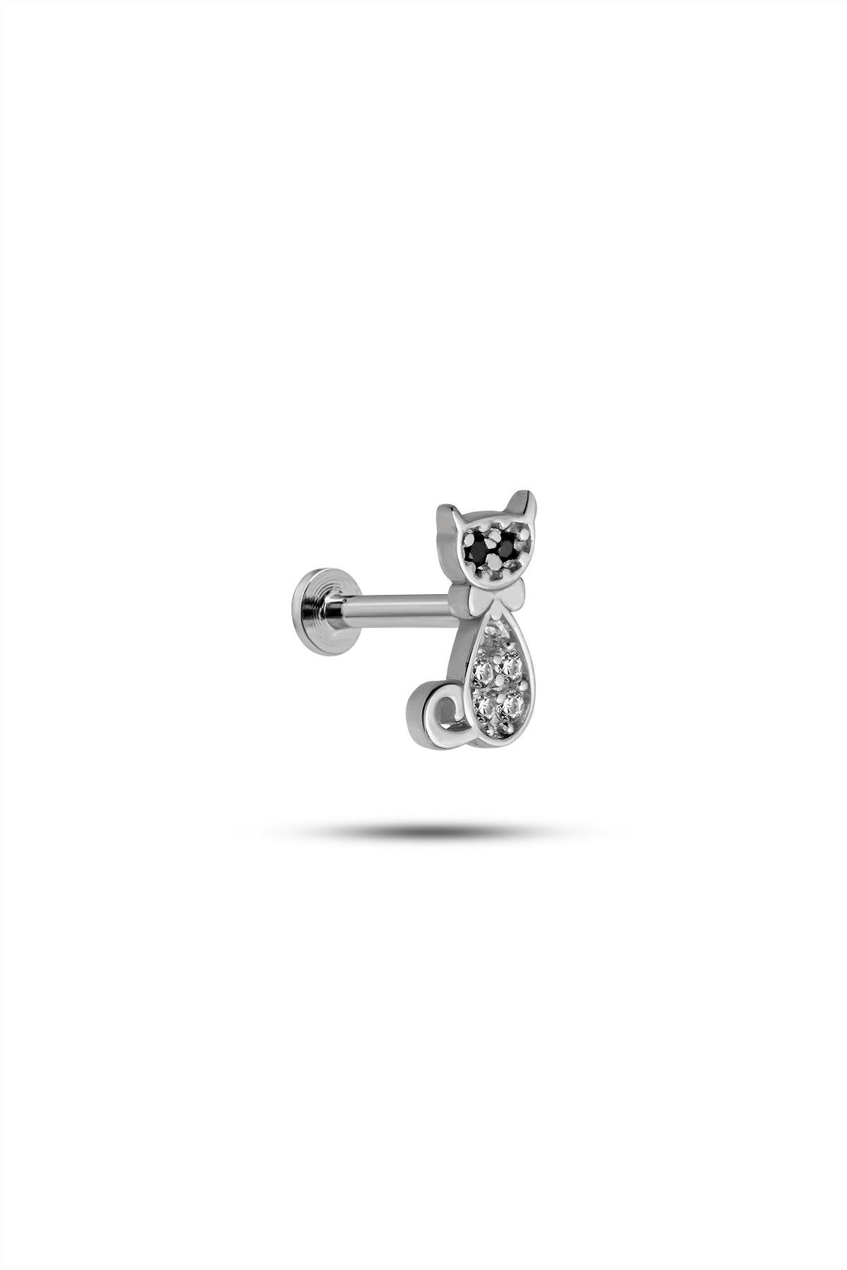 925 Ayar Gümüş Rodyumlu Minimal Zirkon Taşlı Kedi Tragus Piercing Küpe
