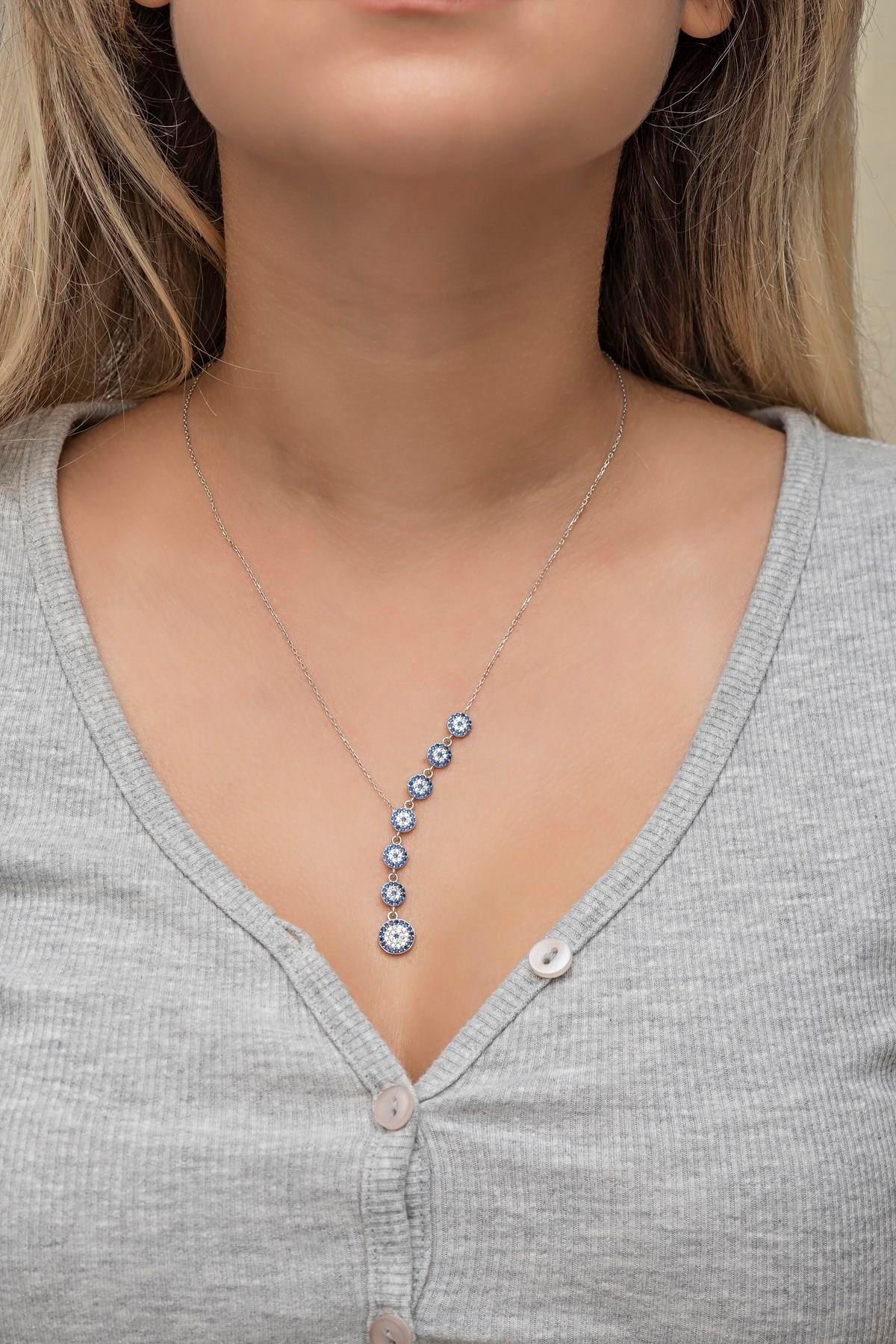 925 Ayar Gümüş Rodyumlu Sıralı Nazar Bocuğu Kolye