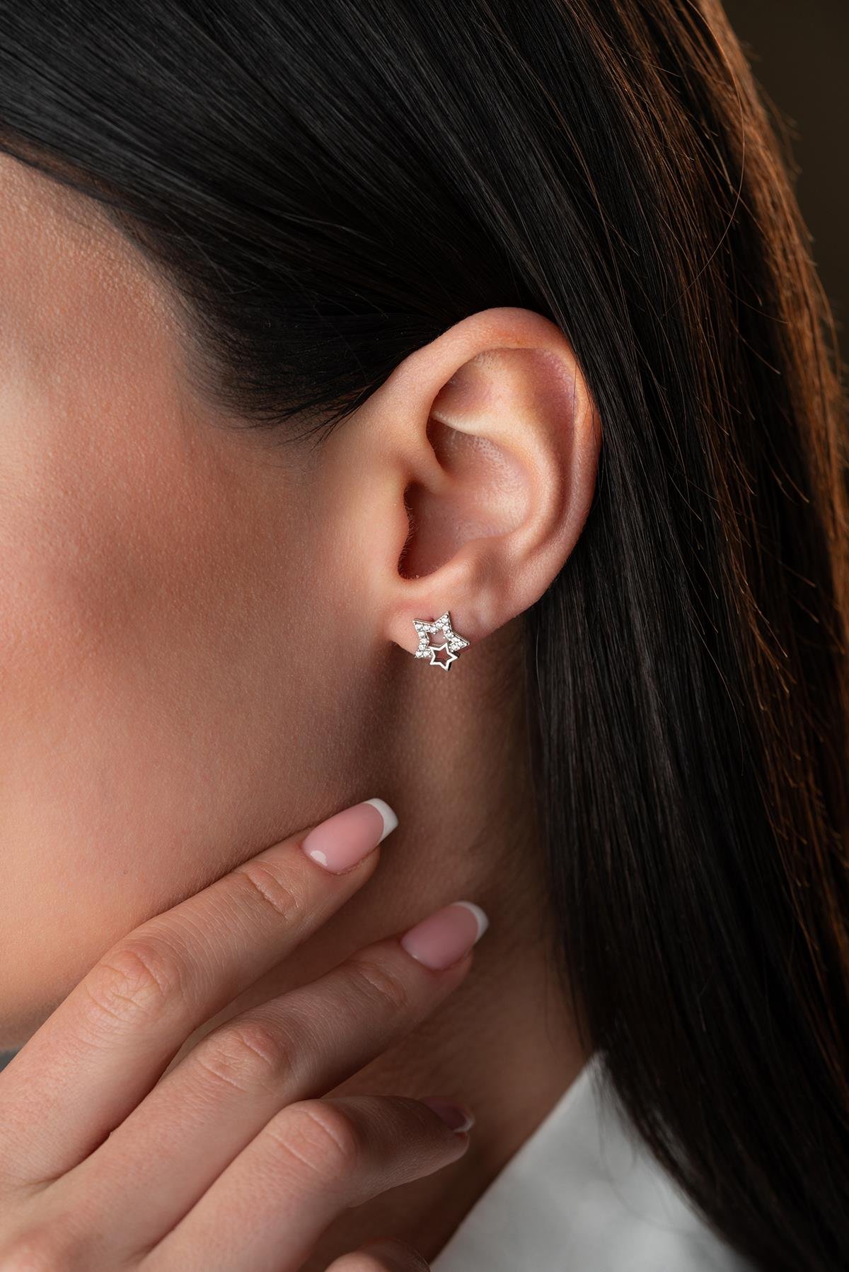 925 Ayar Gümüş Rodyumlu Zirkon Taşlı Çift Yıldız Model Küpe