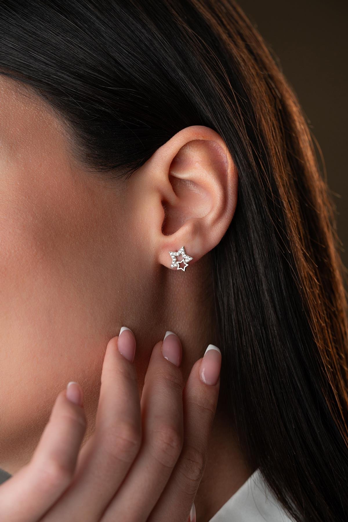 925 Ayar Gümüş Rodyumlu Zirkon Taşlı Çift Yıldız Model Küpe