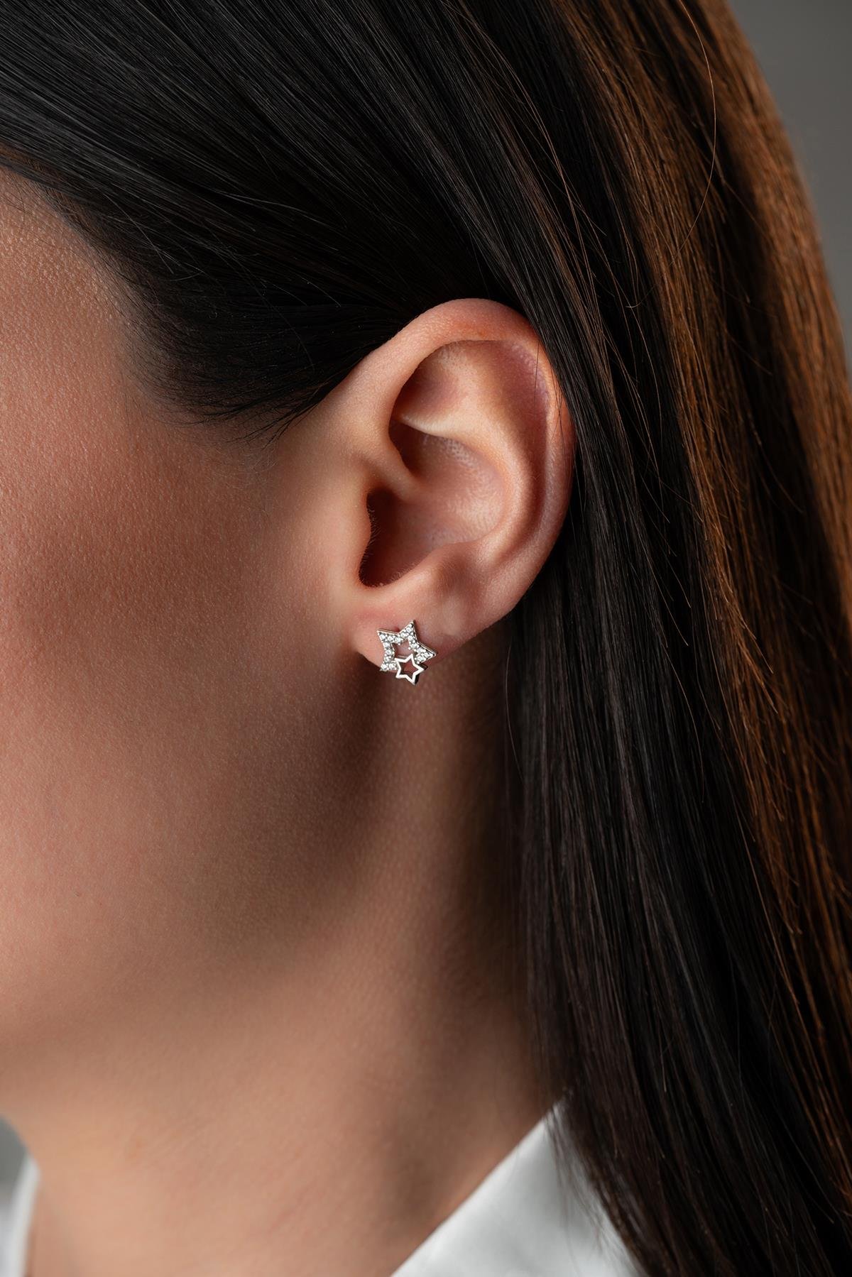 925 Ayar Gümüş Rodyumlu Zirkon Taşlı Çift Yıldız Model Küpe