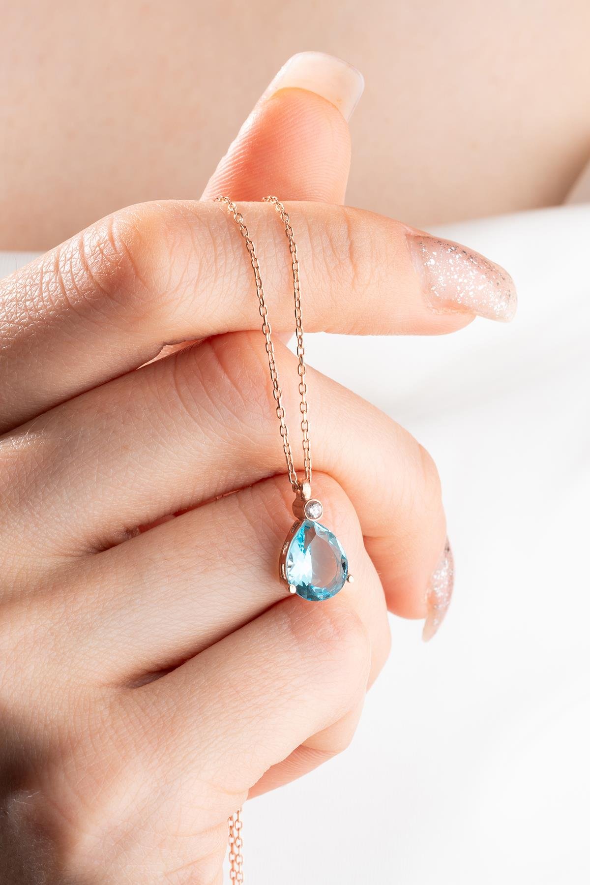 925 Ayar Gümüş Rose Aquamarin Damla Tektaş Kolye