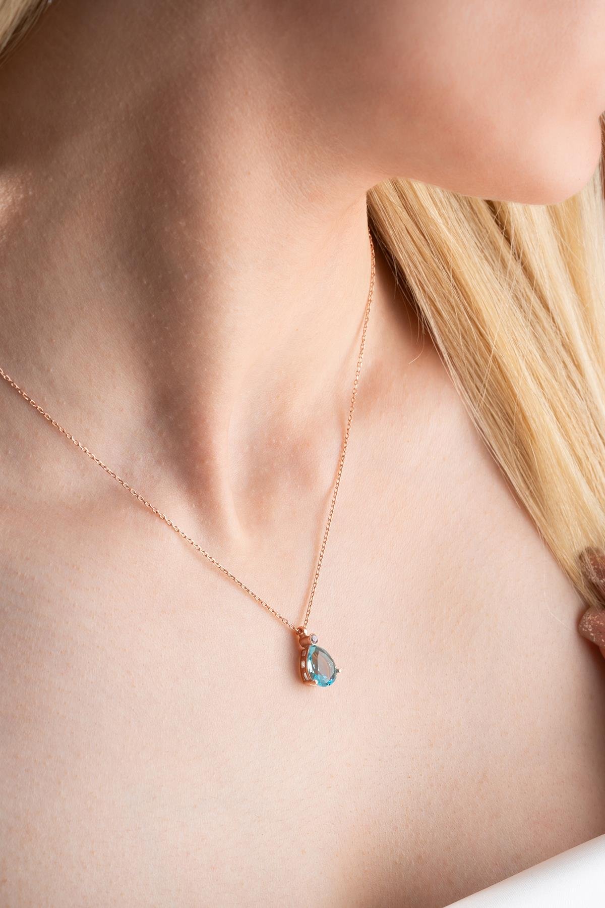 925 Ayar Gümüş Rose Aquamarin Damla Tektaş Kolye