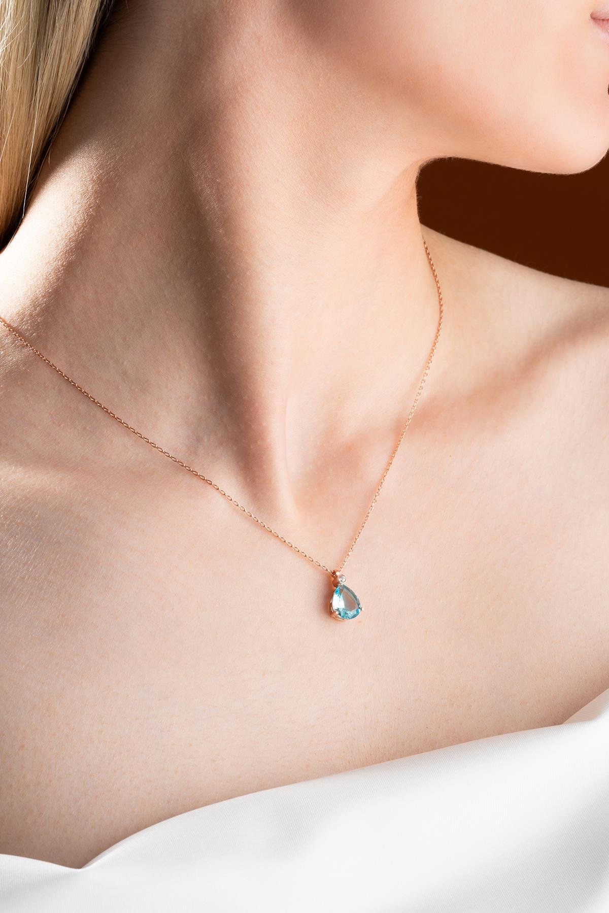 925 Ayar Gümüş Rose Aquamarin Damla Tektaş Kolye