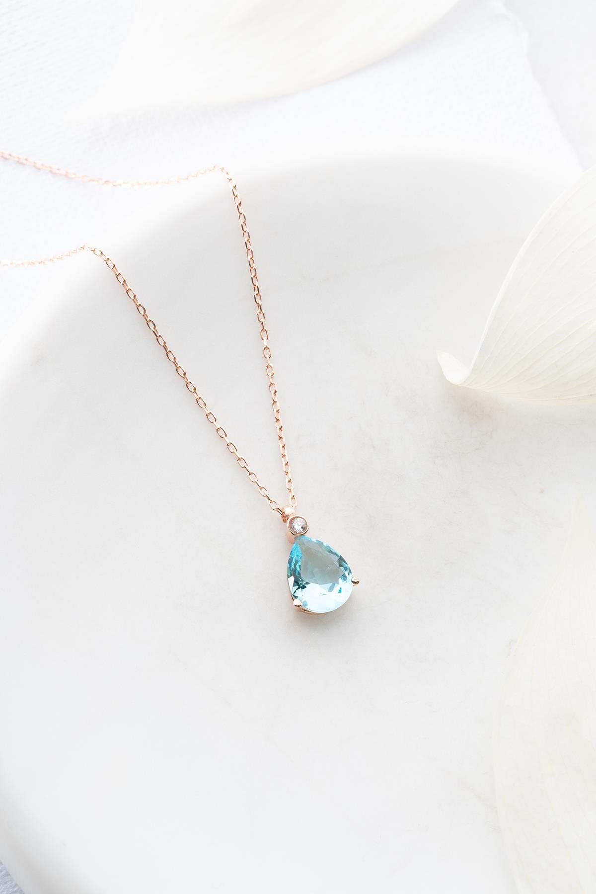 925 Ayar Gümüş Rose Aquamarin Damla Tektaş Kolye