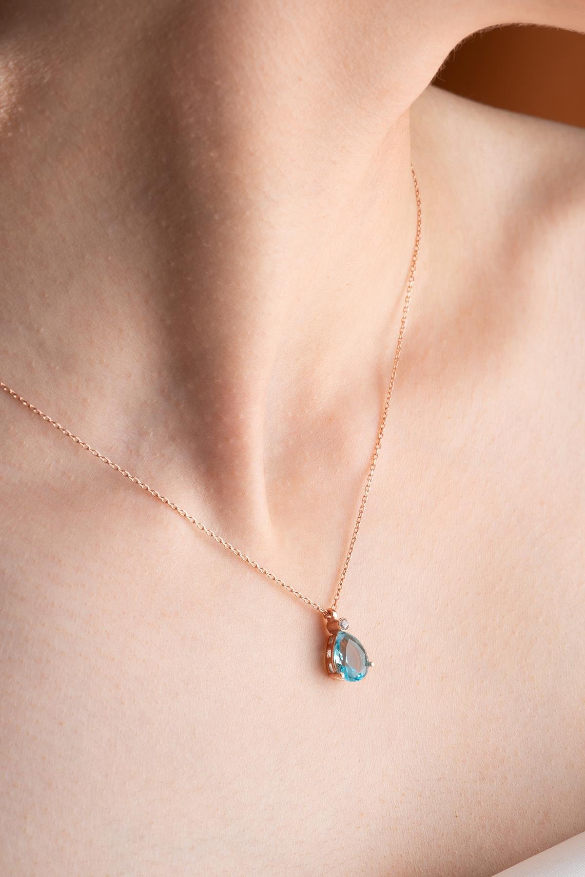 925 Ayar Gümüş Rose Aquamarin Damla Tektaş Kolye