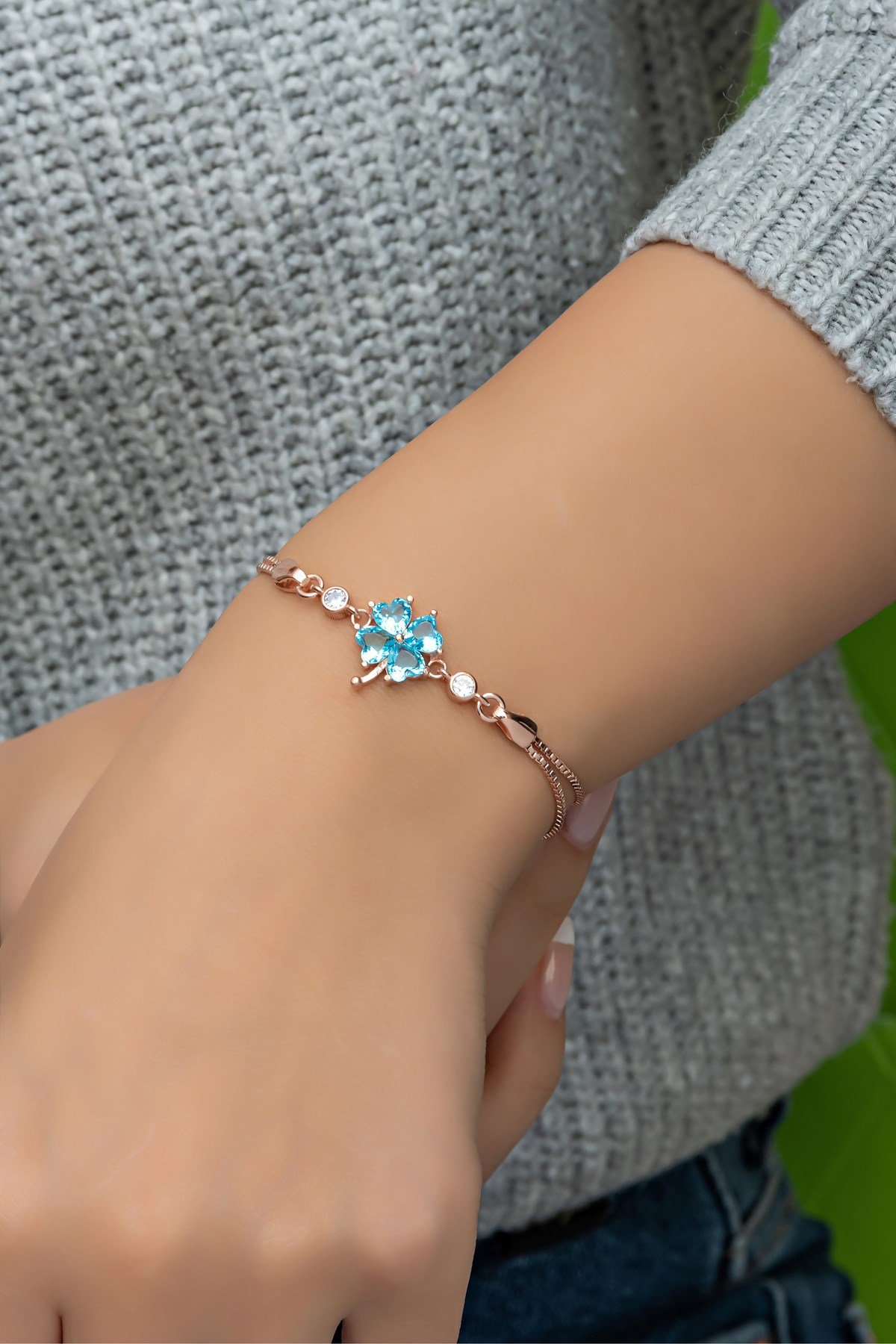 925 Ayar Gümüş Rose Aquamarin Taşlı Yonca Model Bileklik