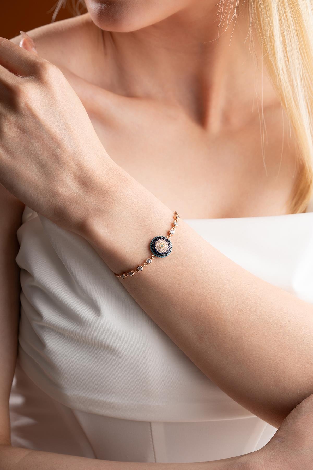 925 Ayar Gümüş Rose Ayarlanabilir Asansörlü Nazar Bileklik