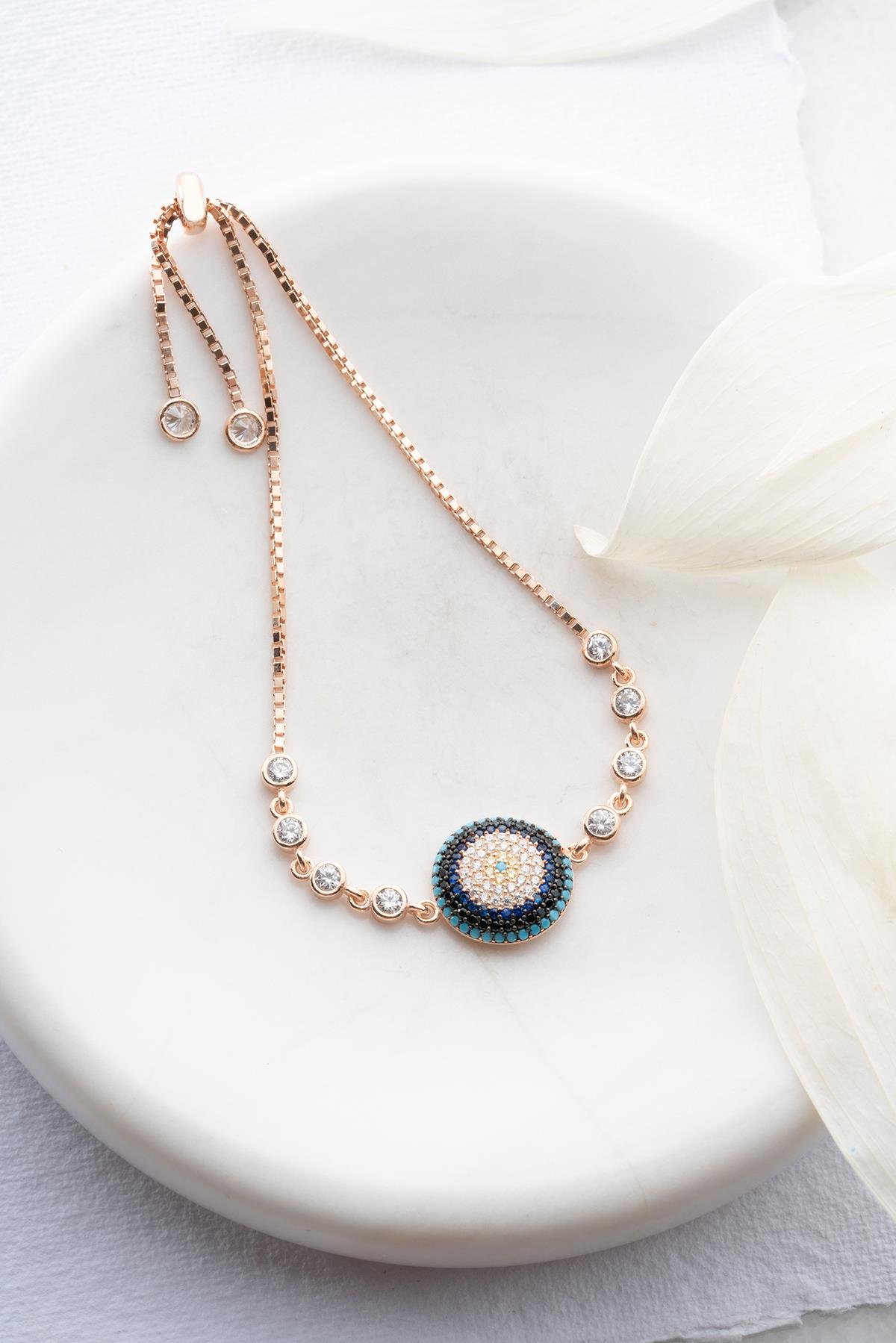 925 Ayar Gümüş Rose Ayarlanabilir Asansörlü Nazar Bileklik