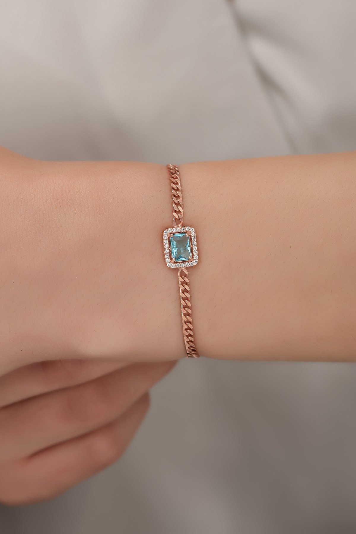 925 Ayar Gümüş Rose Gurmet Zincir AquamarinTektaş Bileklik