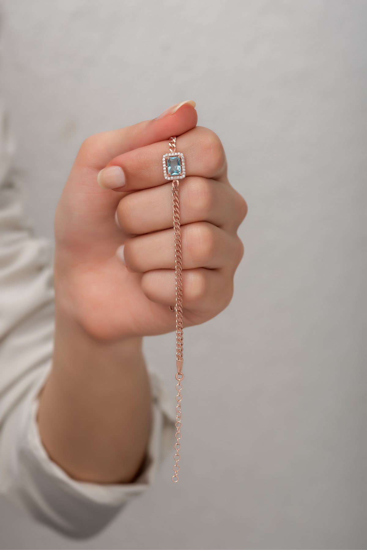 925 Ayar Gümüş Rose Gurmet Zincir AquamarinTektaş Bileklik