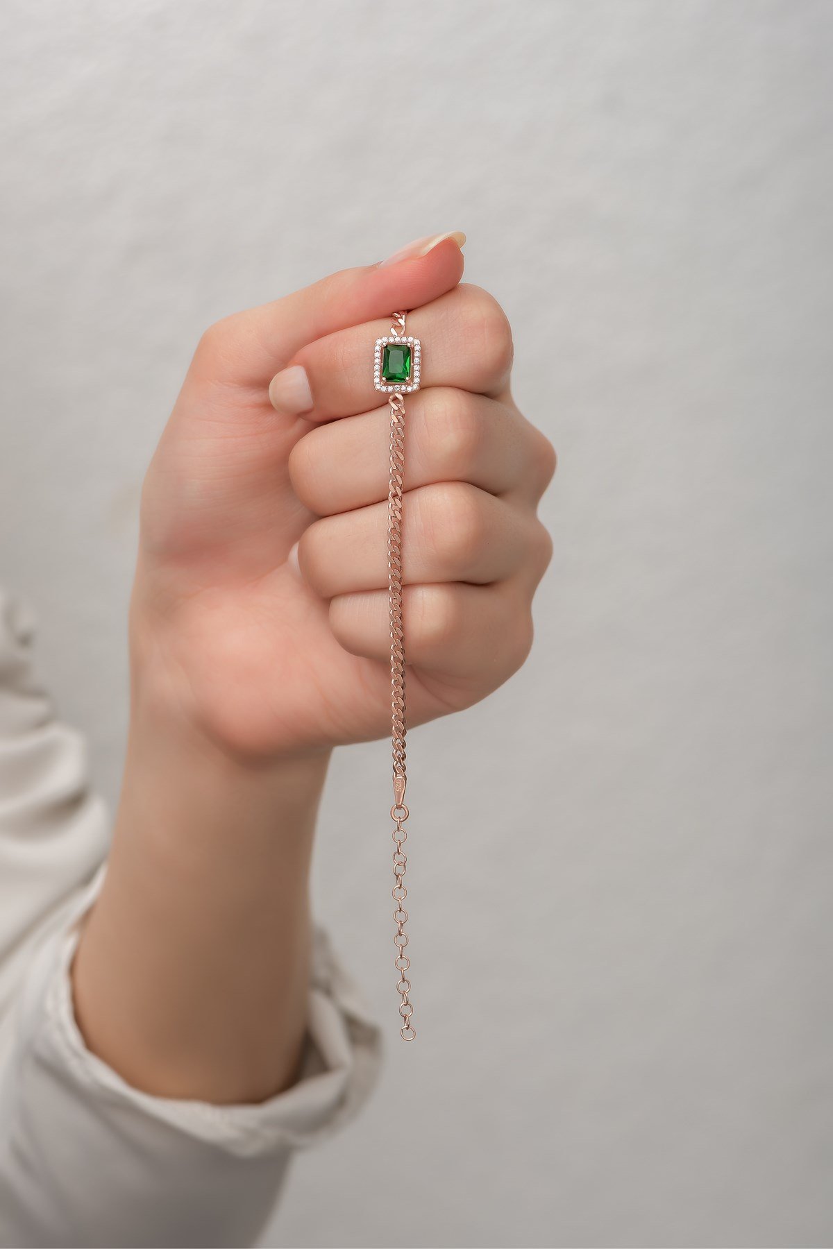 925 Ayar Gümüş Rose Gurmet Zincir Yeşil Tektaş Bileklik