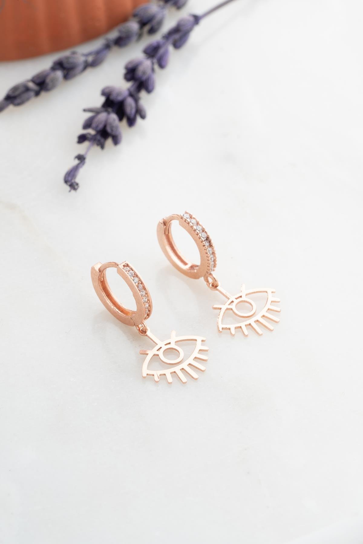 925 Ayar Gümüş Rose Kaplama 10 mm Halka Sallantılı Göz Küpe