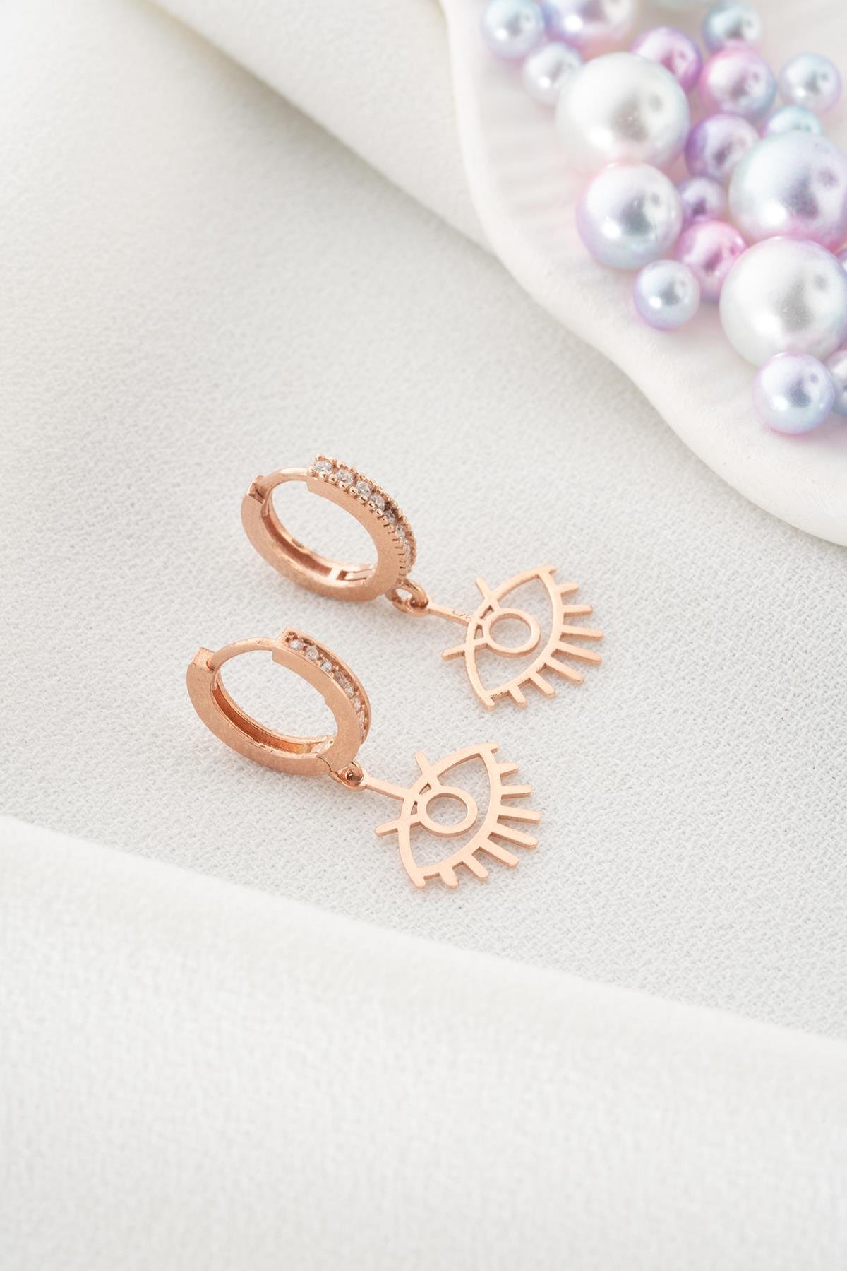 925 Ayar Gümüş Rose Kaplama 10 mm Halka Sallantılı Göz Küpe