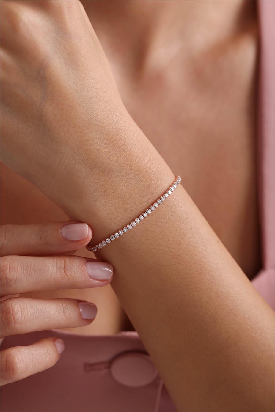 925 Ayar Gümüş Rose Kaplama 2 mm Zirkon Taşlı Suyolu Bileklik 