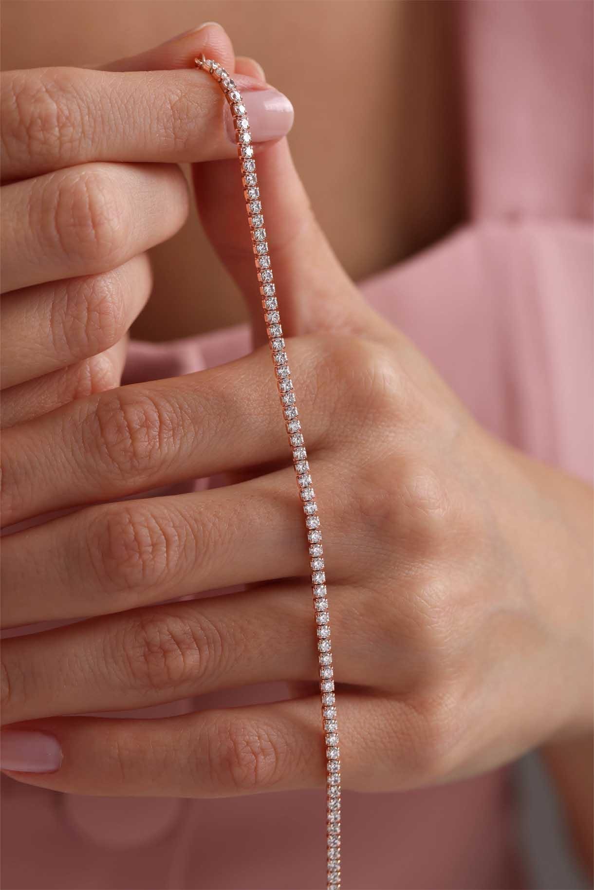 925 Ayar Gümüş Rose Kaplama 2 mm Zirkon Taşlı Suyolu Bileklik 