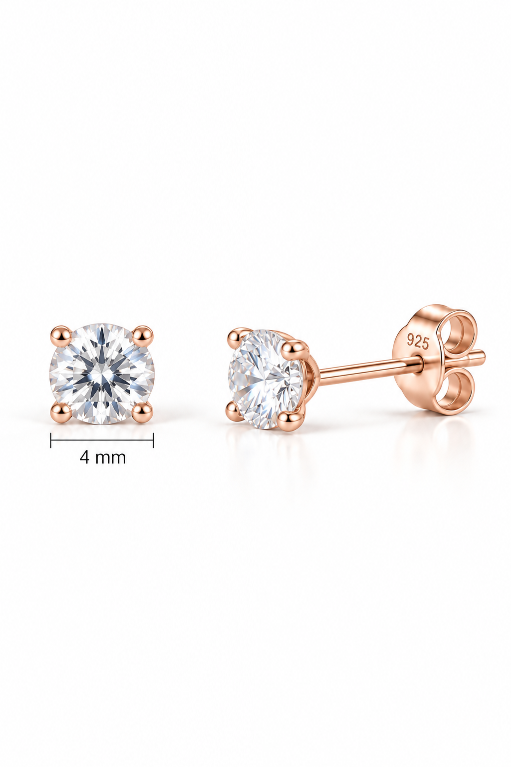 925 Ayar Gümüş Rose Kaplama 4 mm Yuvarlak Star Kesim Minimal Tektaş Küpe