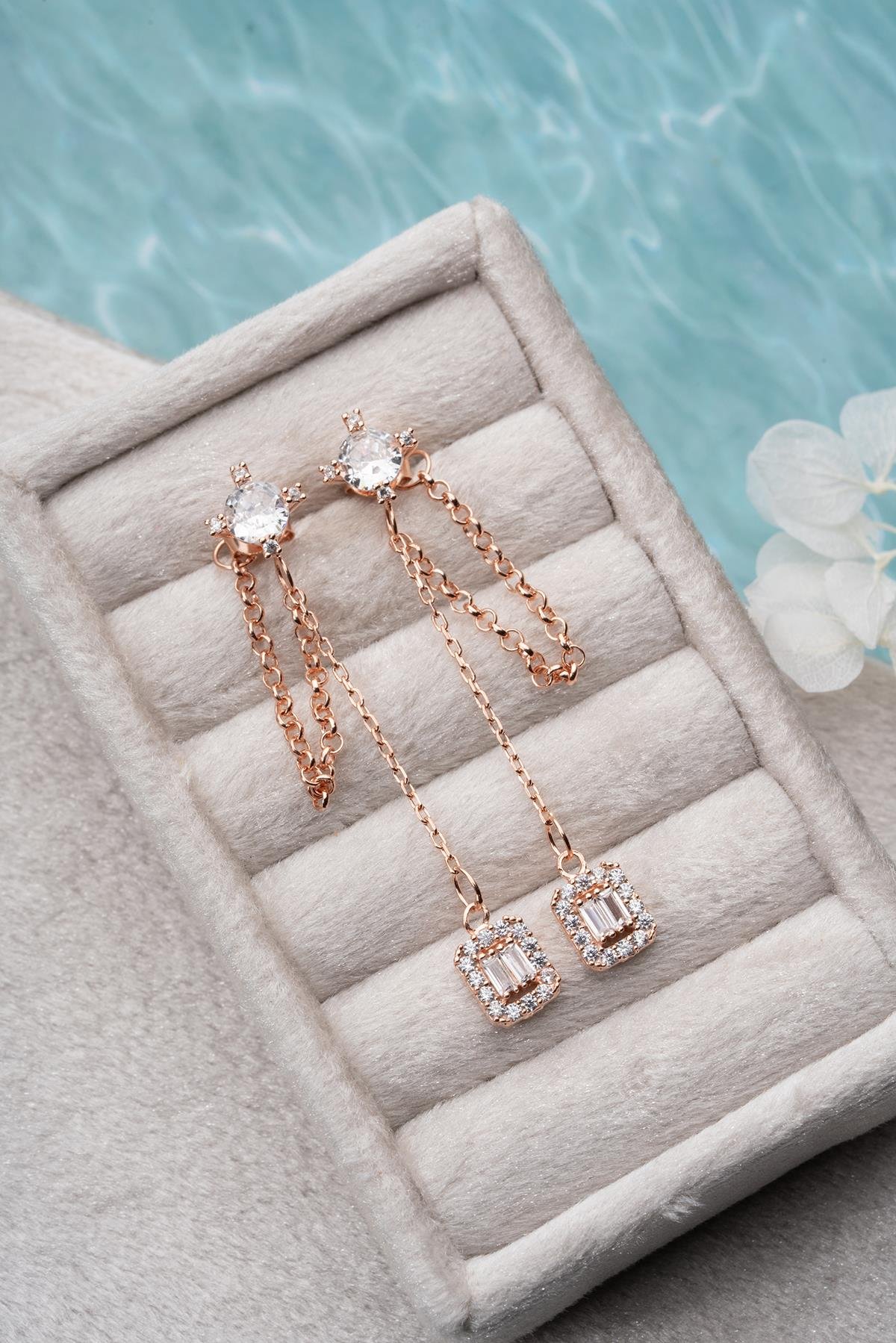 925 Ayar Gümüş Rose Kaplama 5 Mm Tektaş Sallantılı Zincir Baget Taşlı Tektaş Küpe