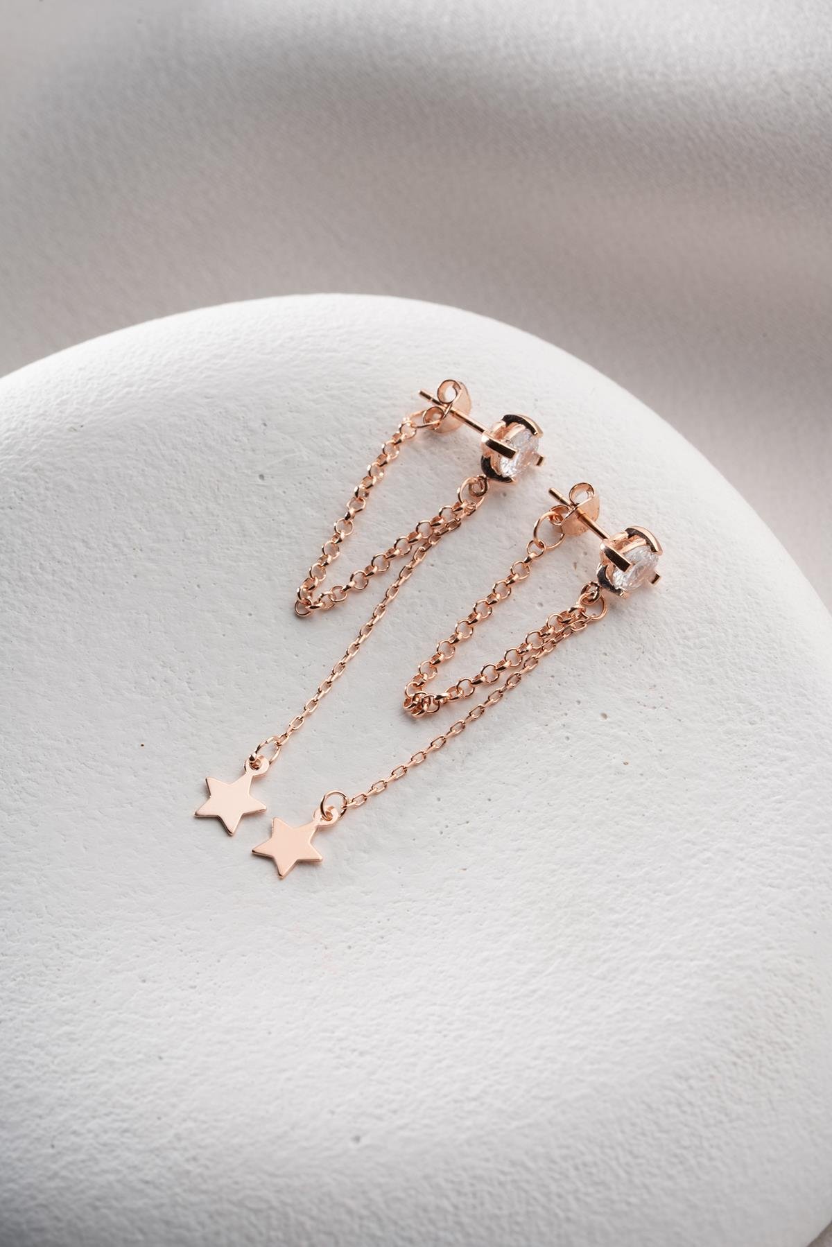 925 Ayar Gümüş Rose Kaplama 5 Mm Tektaş Sallantılı Zincir Sade Yıldız Model Küpe