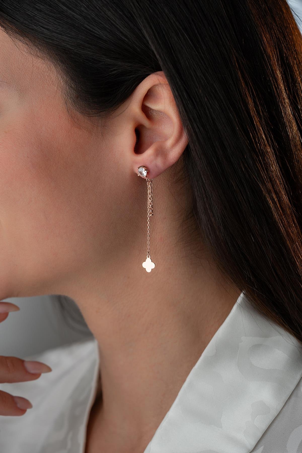 925 Ayar Gümüş Rose Kaplama 5 Mm Tektaş Sallantılı Zincir Sade Yonca Model Küpe