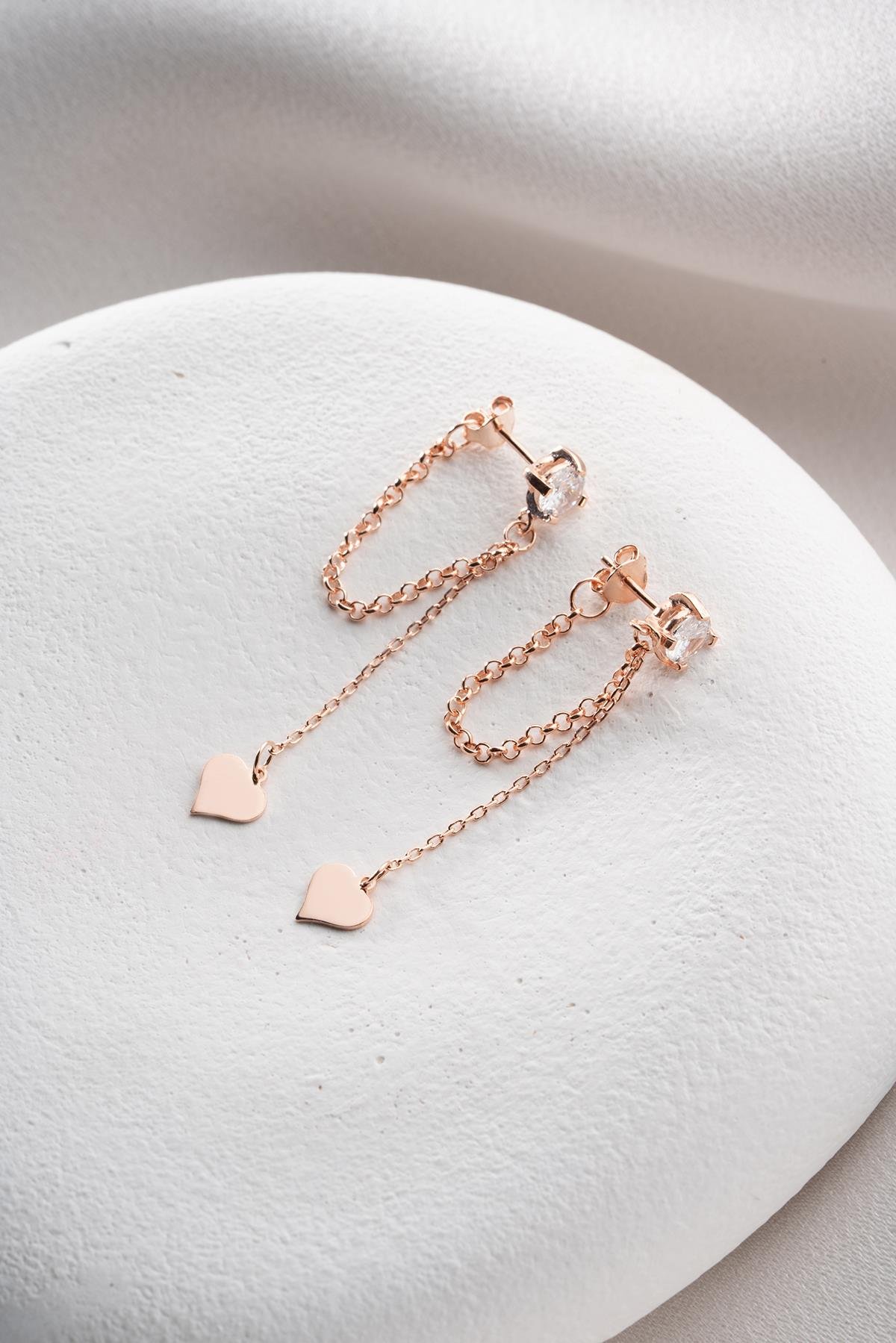 925 Ayar Gümüş Rose Kaplama 5 Mm Tektaş Sallantılı Zincir Sade Kalp Model Küpe