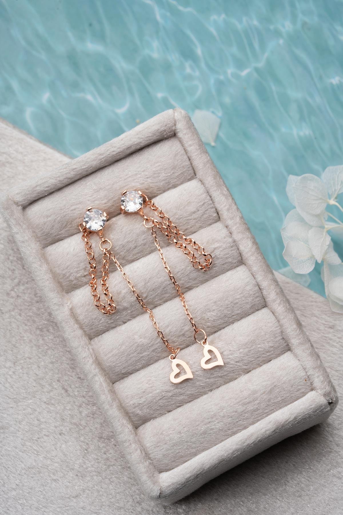 925 Ayar Gümüş Rose Kaplama 5 Mm Tektaş Sallantılı Zincir Zirkon Sade Taşsız Kalp Küpe