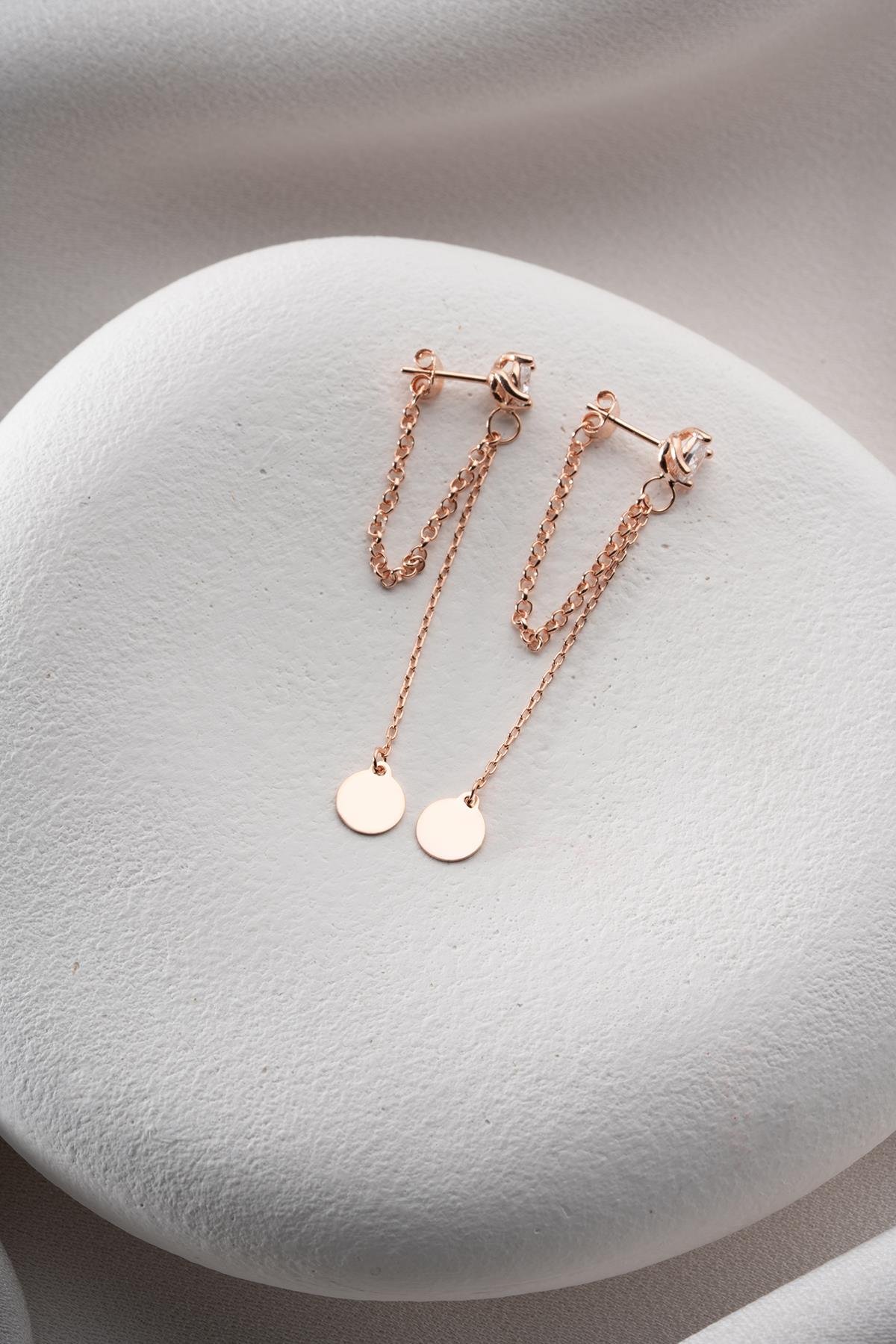 925 Ayar Gümüş Rose Kaplama 5 Mm Tektaş Sallantılı Zincir Sade Yuvarlak Model Küpe