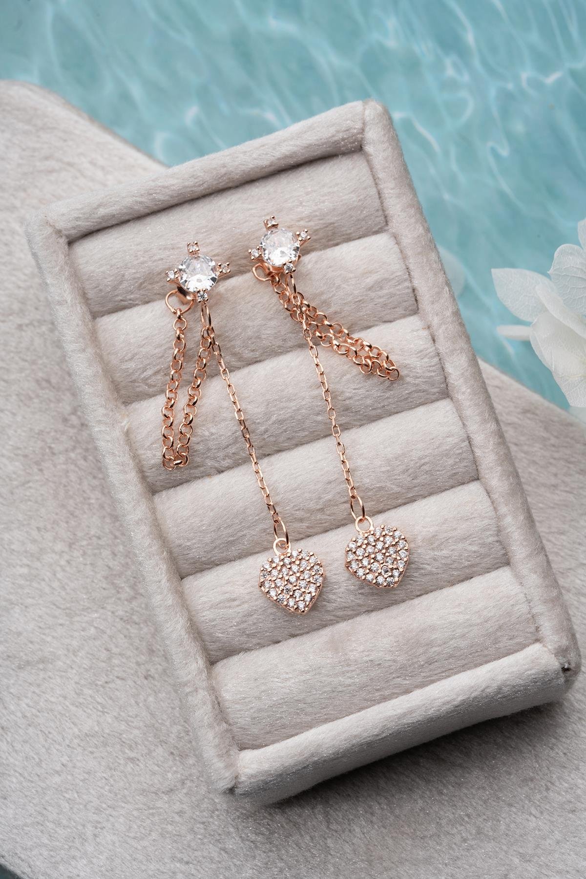 925 Ayar Gümüş Rose Kaplama 5 Mm Tektaş Sallantılı Zincir Kalp Model Küpe