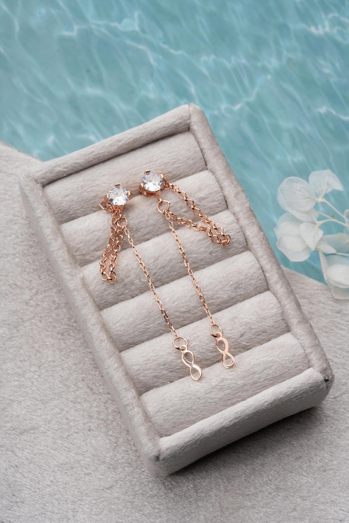 925 Ayar Gümüş Rose Kaplama 5 Mm Tektaş Sallantılı Zincir Sonsuzluk Model Küpe