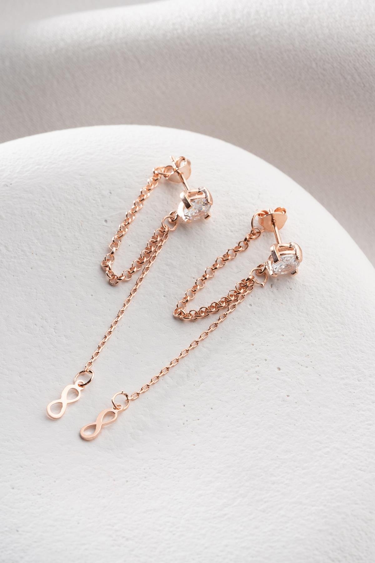 925 Ayar Gümüş Rose Kaplama 5 Mm Tektaş Sallantılı Zincir Sonsuzluk Model Küpe