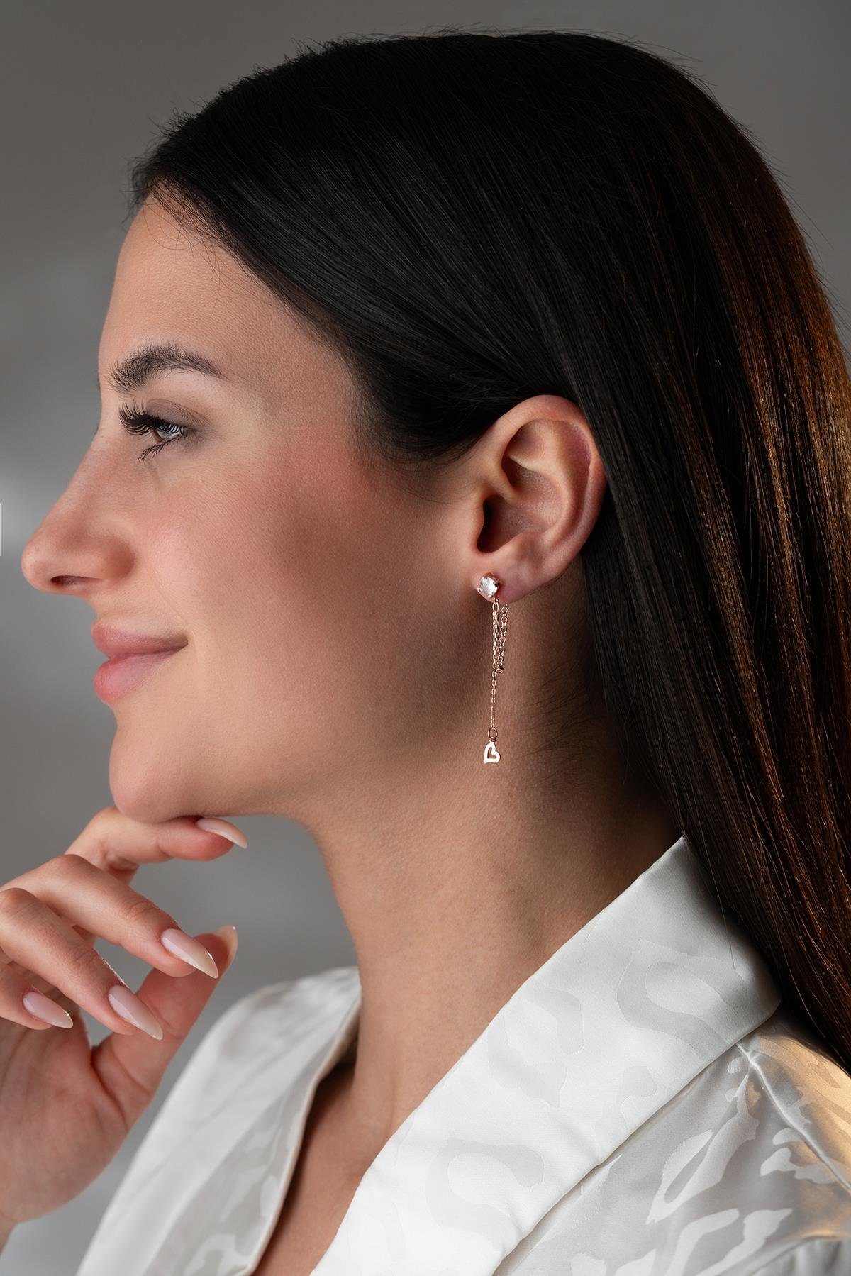 925 Ayar Gümüş Rose Kaplama 5 Mm Tektaş Sallantılı Zincir Zirkon Sade Taşsız Kalp Küpe