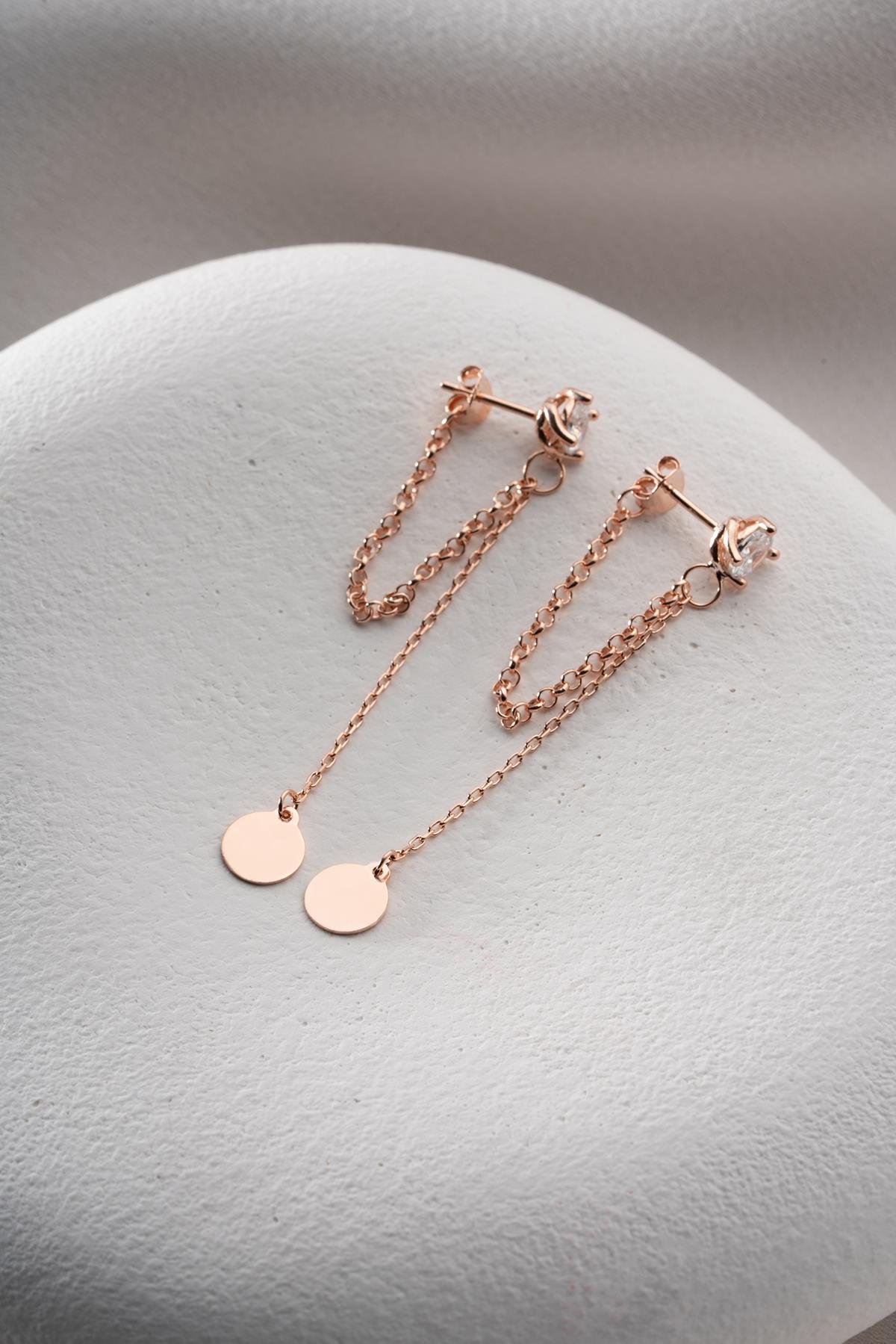 925 Ayar Gümüş Rose Kaplama 5 Mm Tektaş Sallantılı Zincir Sade Yuvarlak Model Küpe