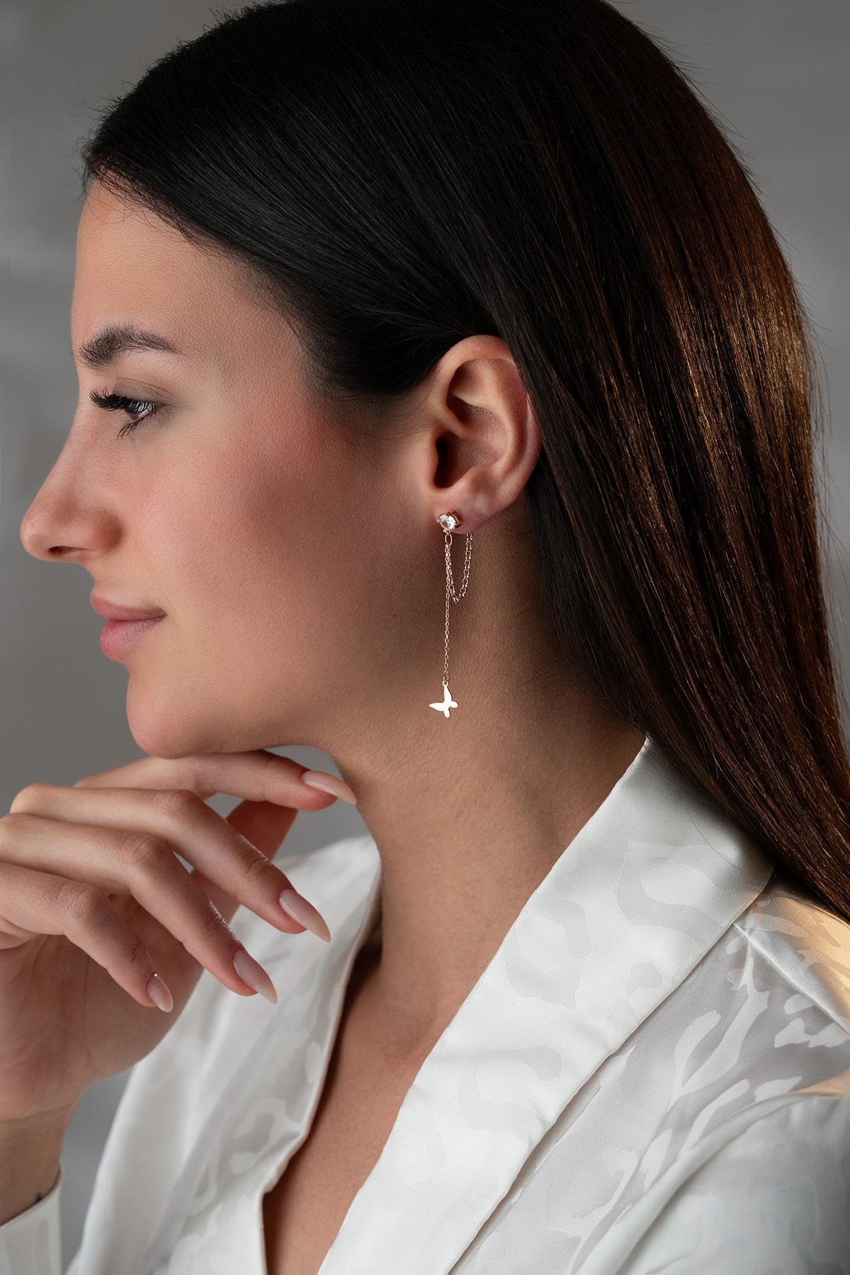 925 Ayar Gümüş Rose Kaplama 5 Mm Tektaş Sallantılı Zincir Zirkon Taşsız Kelebek Küpe