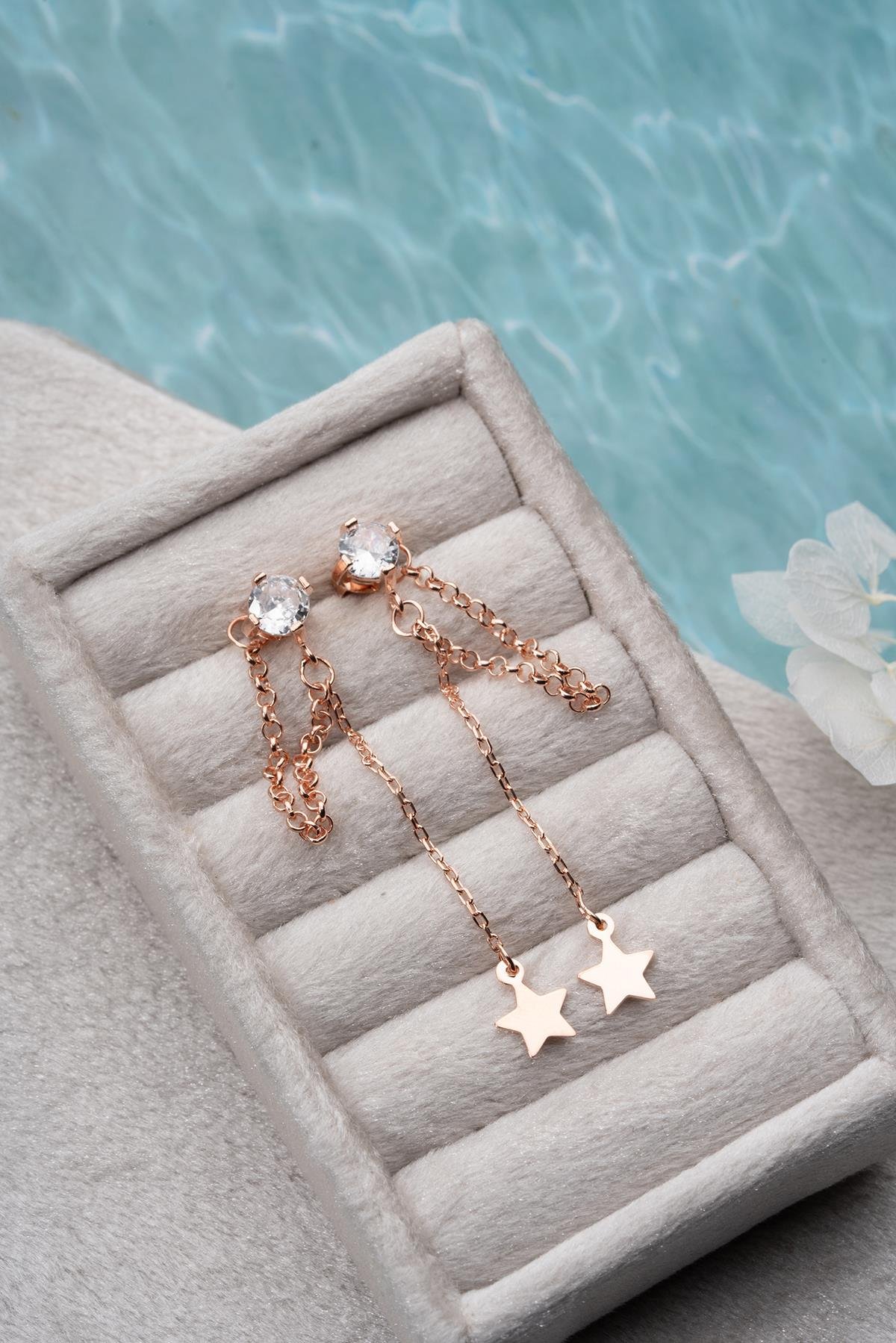 925 Ayar Gümüş Rose Kaplama 5 Mm Tektaş Sallantılı Zincir Sade Yıldız Model Küpe