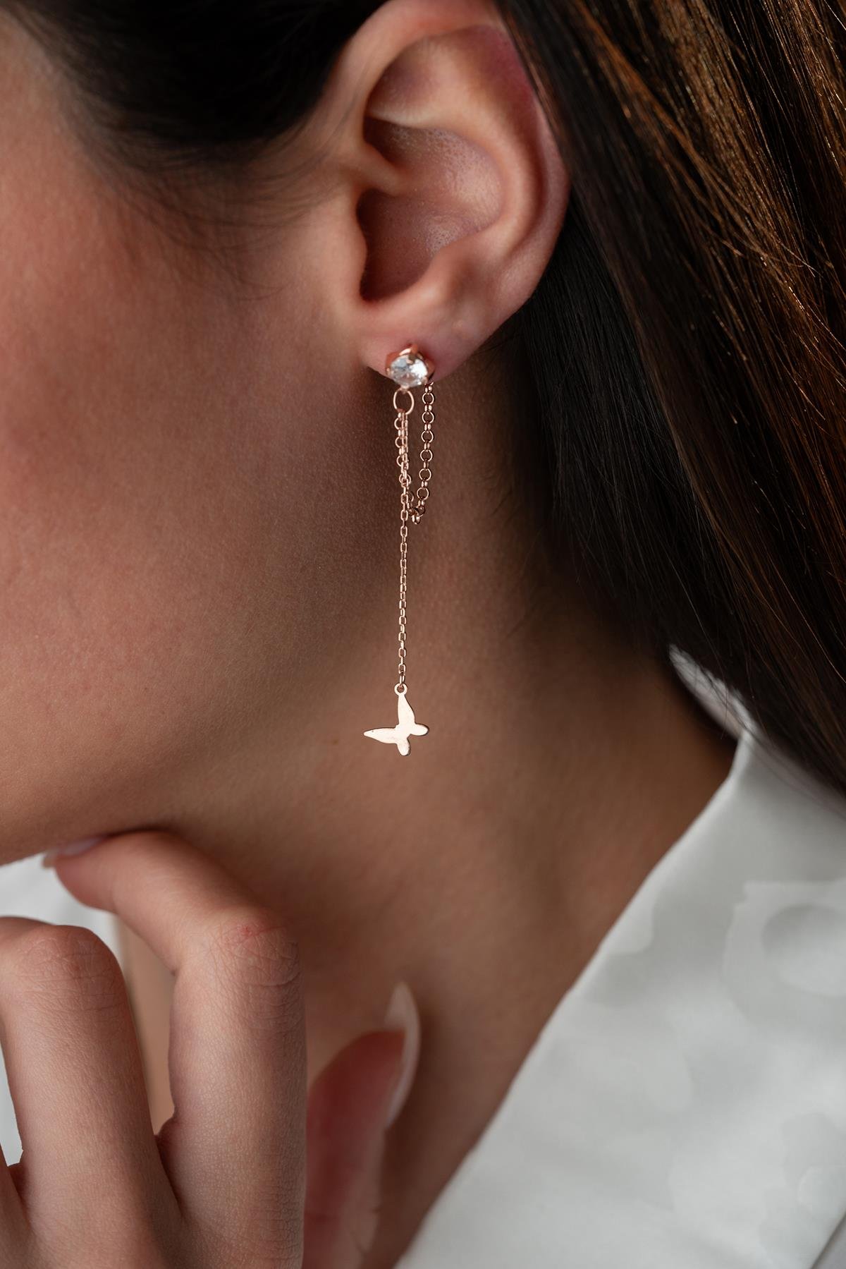 925 Ayar Gümüş Rose Kaplama 5 Mm Tektaş Sallantılı Zincir Zirkon Taşsız Kelebek Küpe