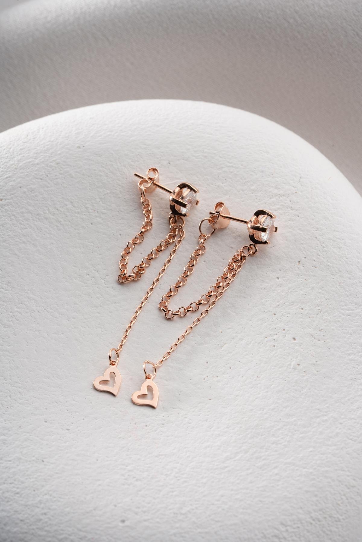 925 Ayar Gümüş Rose Kaplama 5 Mm Tektaş Sallantılı Zincir Zirkon Sade Taşsız Kalp Küpe