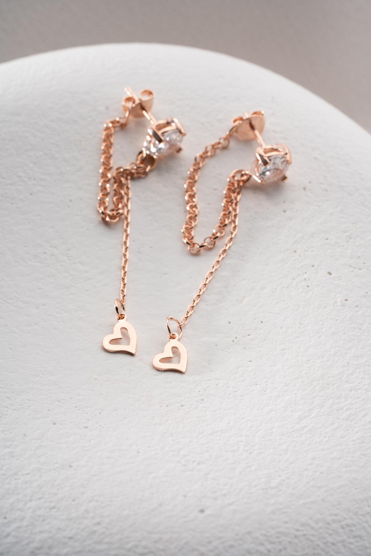 925 Ayar Gümüş Rose Kaplama 5 Mm Tektaş Sallantılı Zincir Zirkon Sade Taşsız Kalp Küpe