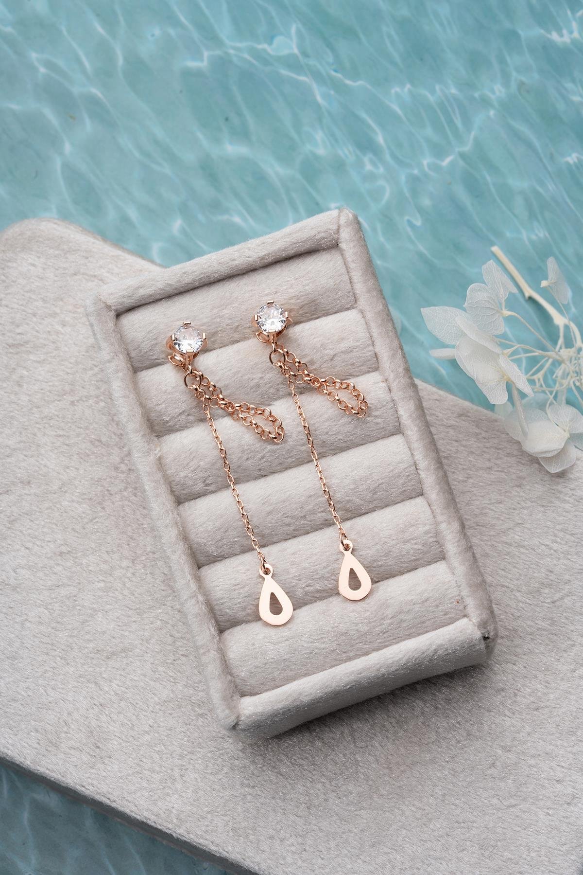 925 Ayar Gümüş Rose Kaplama 5 Mm Tektaş Sallantılı Zincir Su Damlası Model Küpe