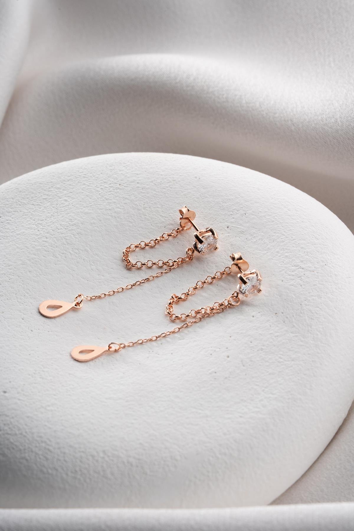 925 Ayar Gümüş Rose Kaplama 5 Mm Tektaş Sallantılı Zincir Su Damlası Model Küpe