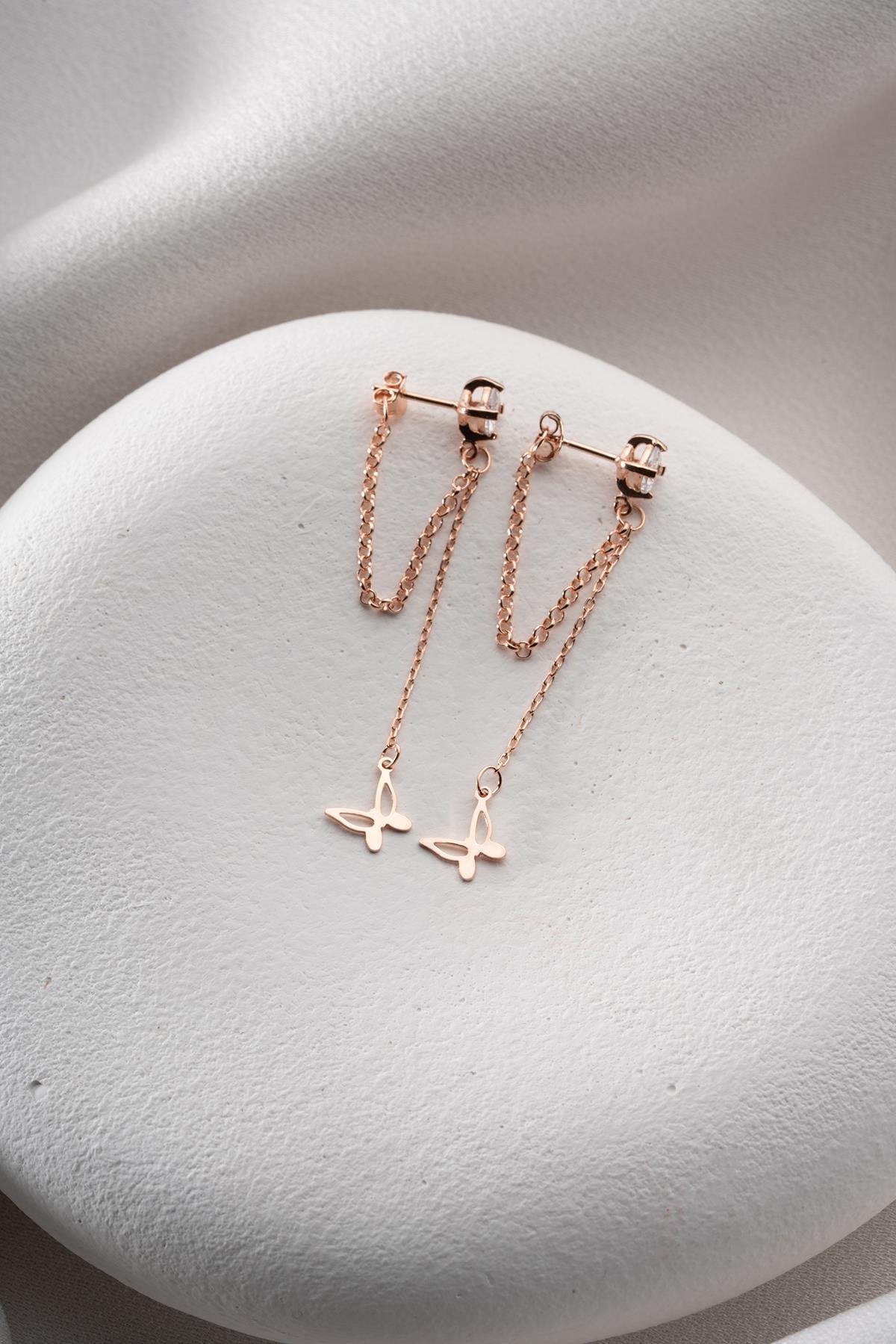 925 Ayar Gümüş Rose Kaplama 5 Mm Tektaş Sallantılı Zincir Sade Kelebek Küpe