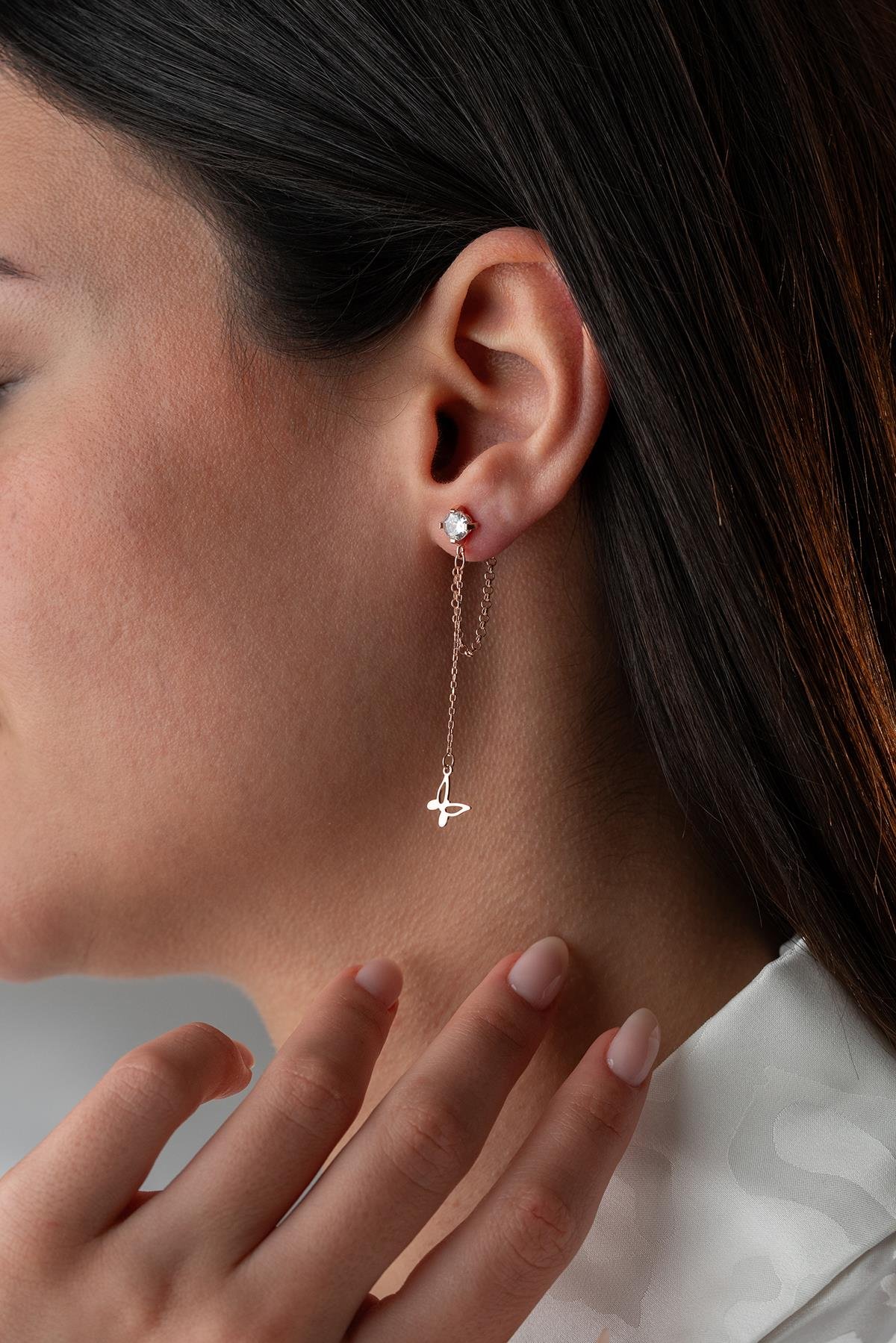 925 Ayar Gümüş Rose Kaplama 5 Mm Tektaş Sallantılı Zincir Sade Kelebek Küpe