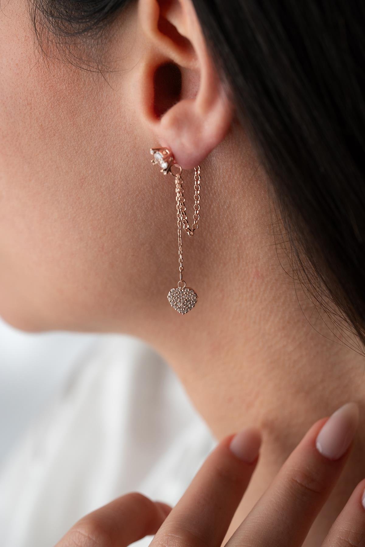 925 Ayar Gümüş Rose Kaplama 5 Mm Tektaş Sallantılı Zincir Kalp Model Küpe