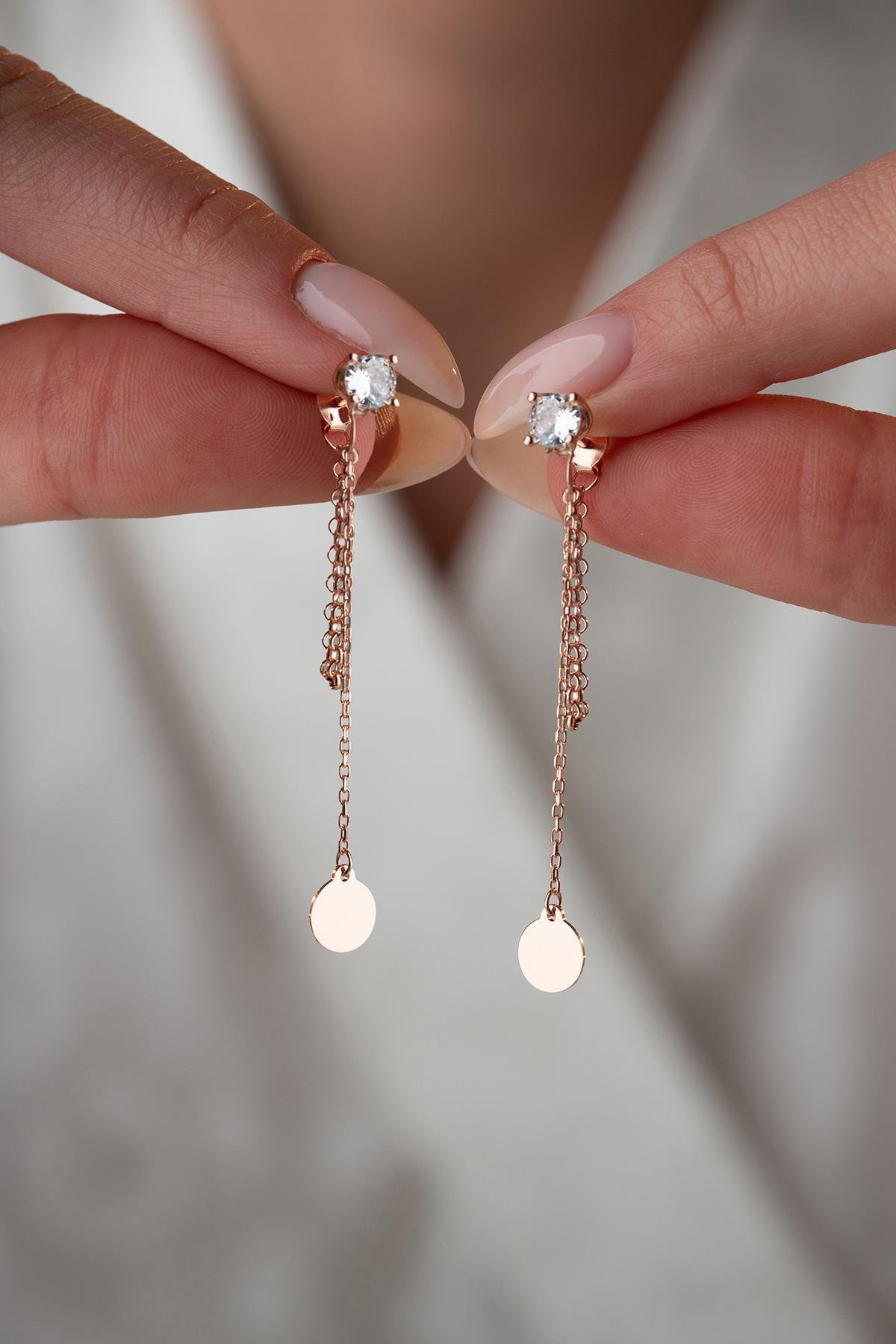 925 Ayar Gümüş Rose Kaplama 5 Mm Tektaş Sallantılı Zincir Sade Yuvarlak Model Küpe