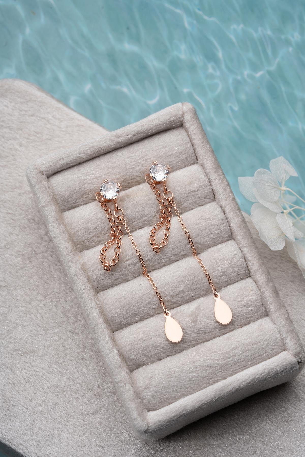 925 Ayar Gümüş Rose Kaplama 5 Mm Tektaş Sallantılı Zincir Sade Damla Model Küpe