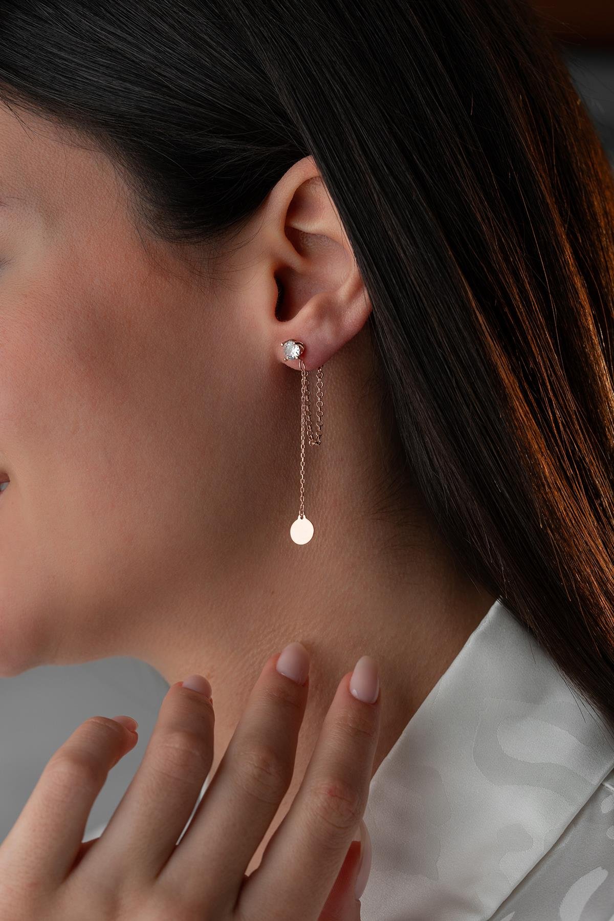 925 Ayar Gümüş Rose Kaplama 5 Mm Tektaş Sallantılı Zincir Sade Yuvarlak Model Küpe